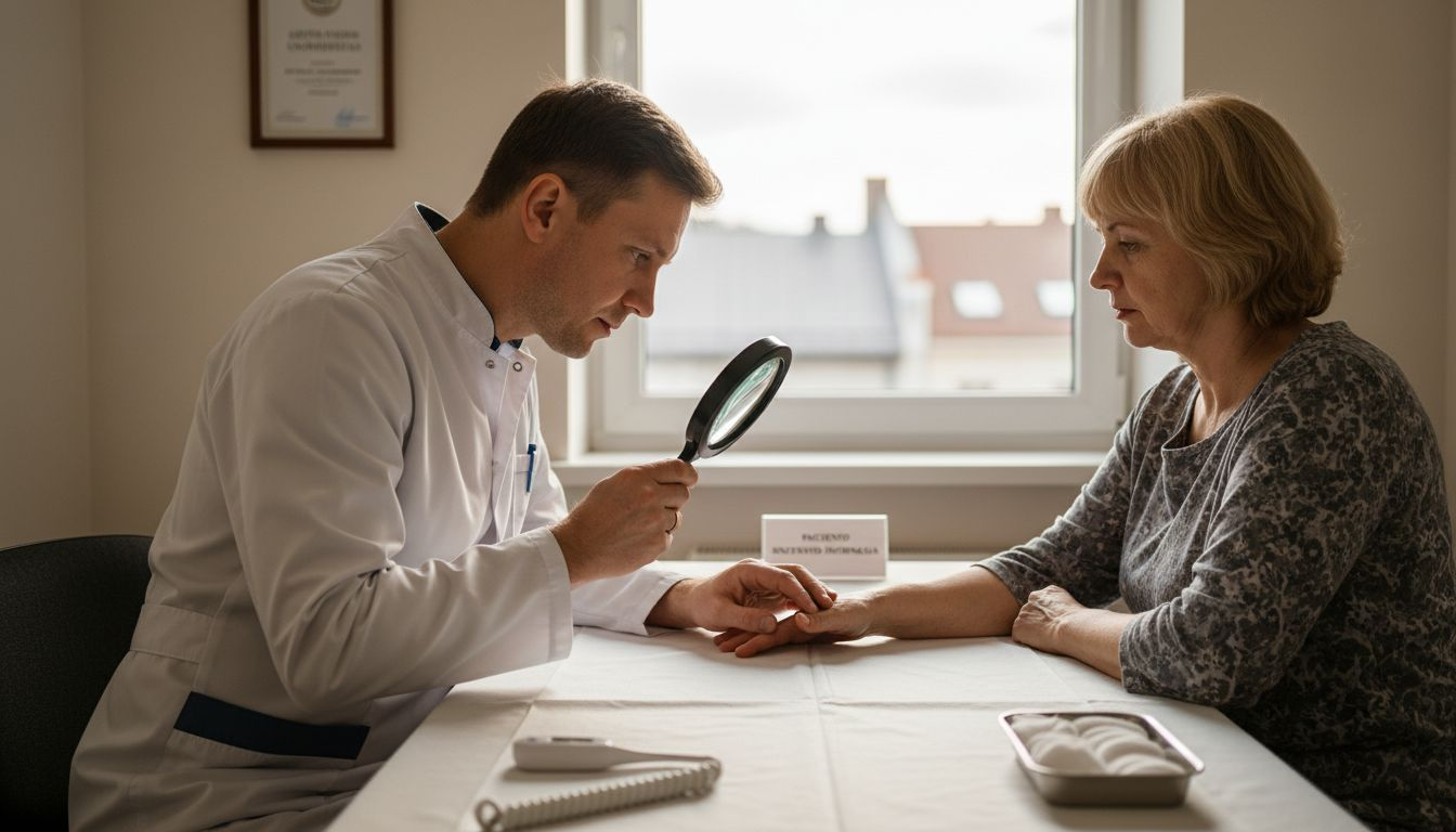 Dermatologas specialiais prietaisais apžiūri paciento ranką.