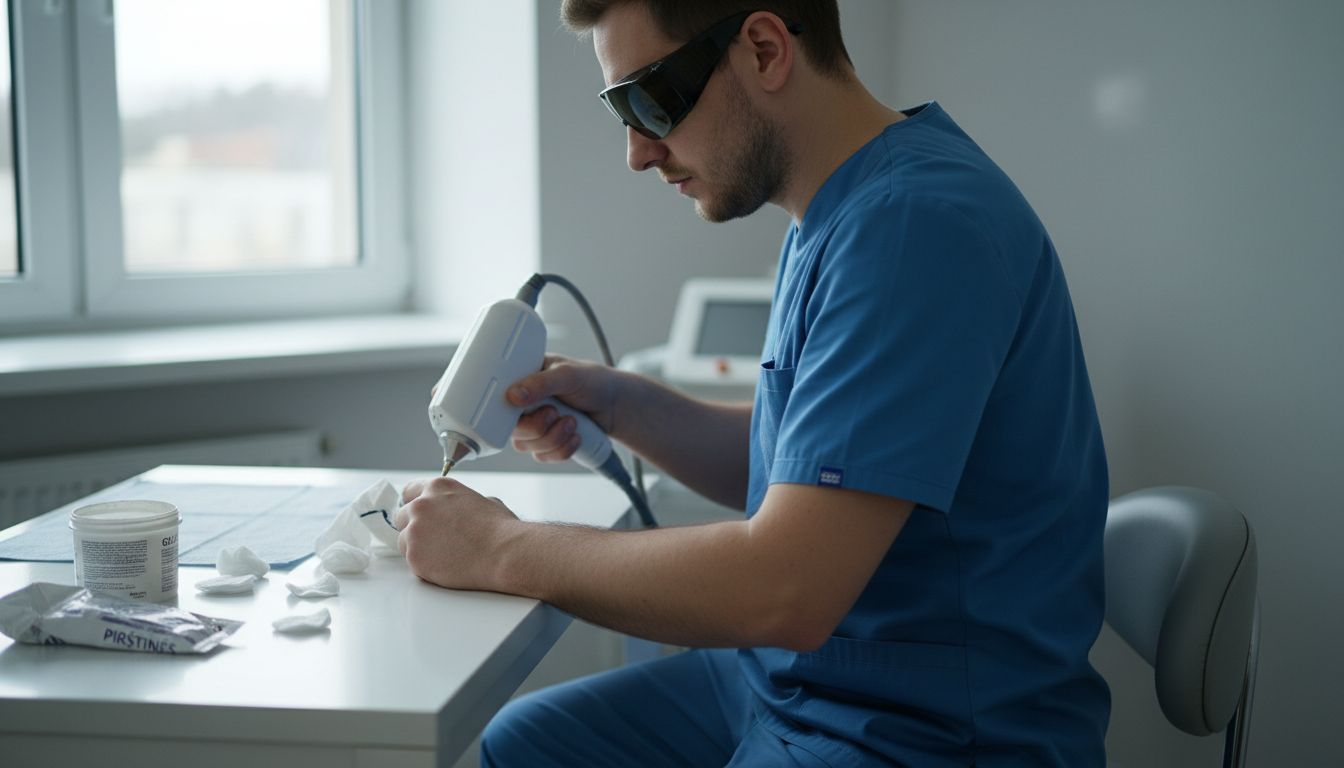 Specialistas atlieka procedūrą rankai naudodamas Q-switched lazerį.