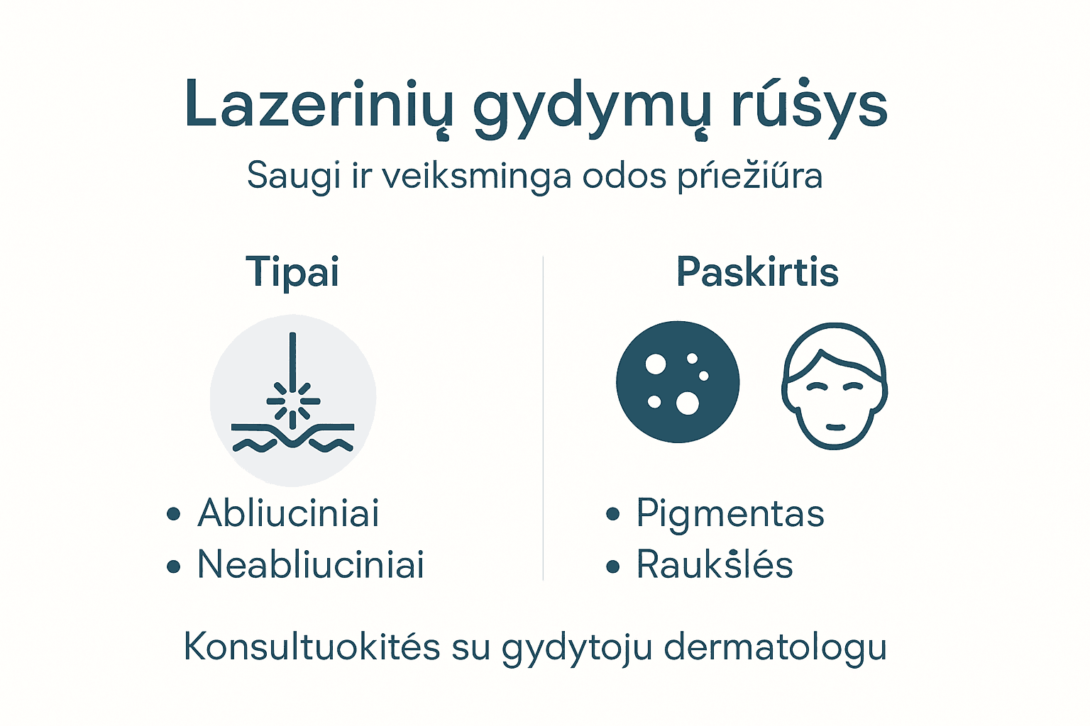 Vizualiai pateikta informacija apie įvairius lazerinės terapijos metodus ir jų taikymo sritis