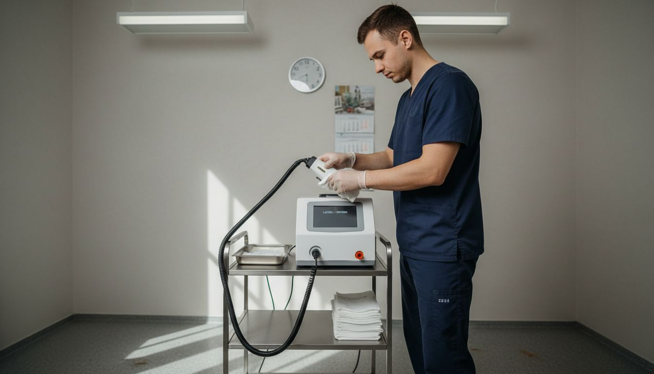 Specialistas apžiūri, ar lazerio įranga yra tinkamai švari.