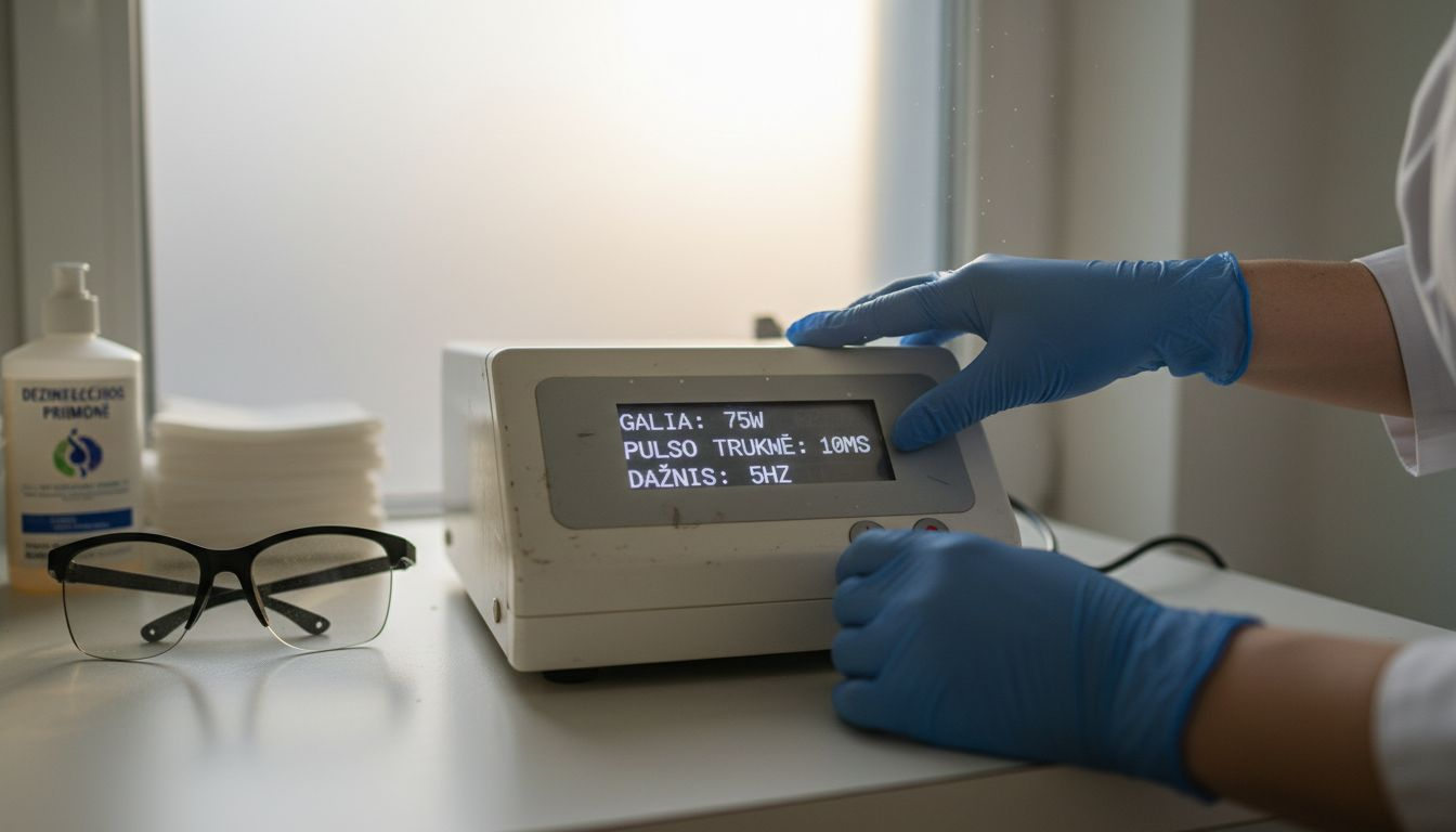 Dermatologo ranka prie pat lazerio – specialistas tiksliai sureguliuoja prietaisą procedūrai.