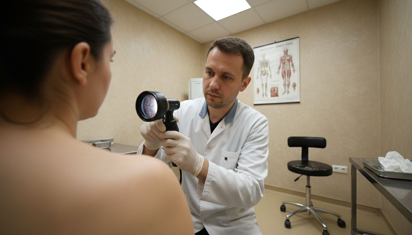 Gydytojas pacientui atlieka dermatoskopinį tyrimą ant peties.