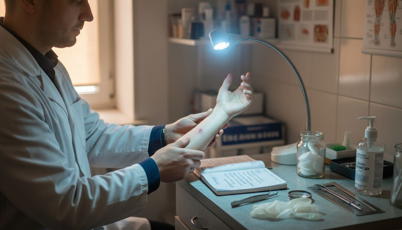 Gydytojas apžiūri paciento odą kabinete.