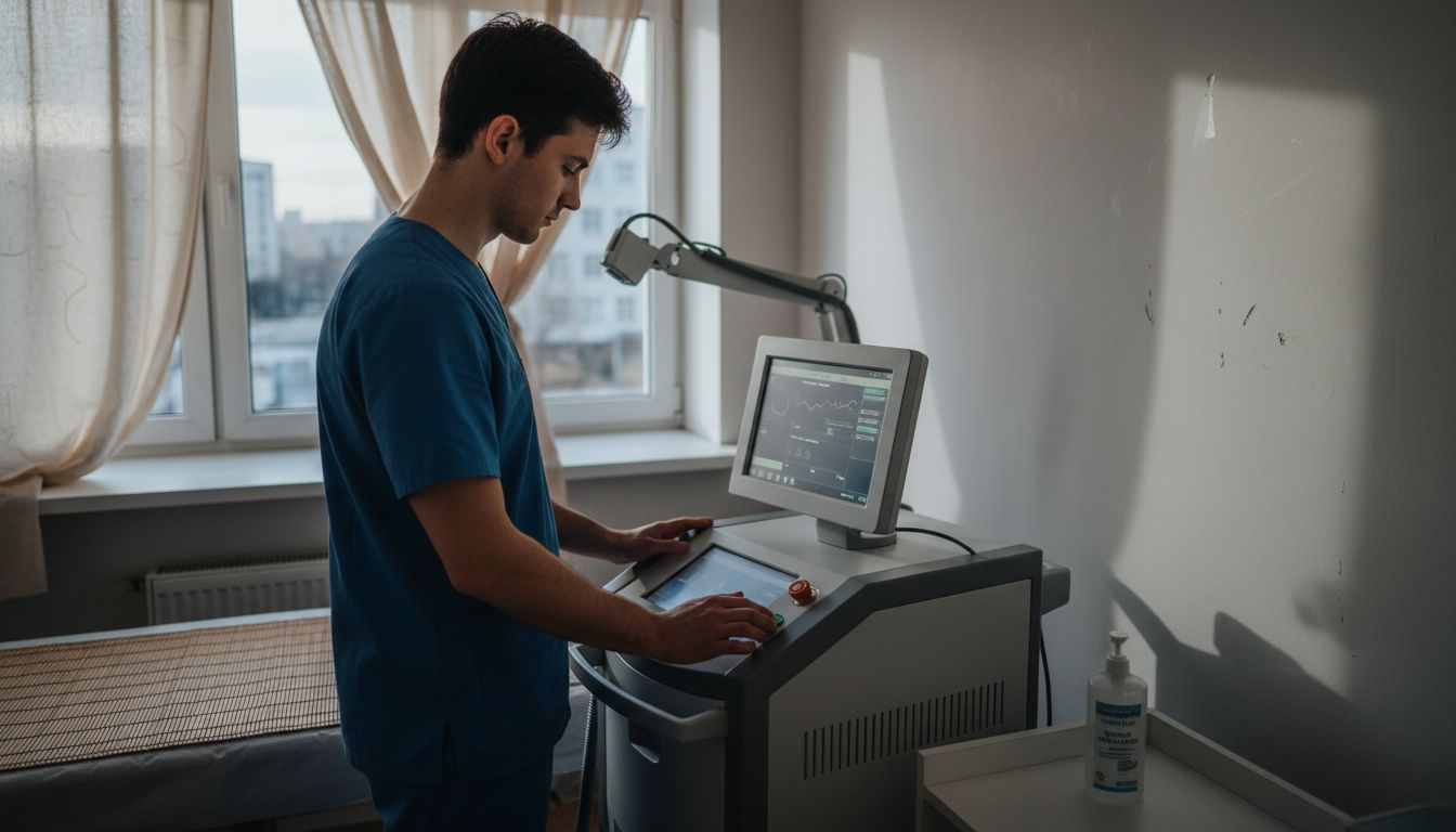 Specialistas apžiūri lazerinę įrangą patalpoje.