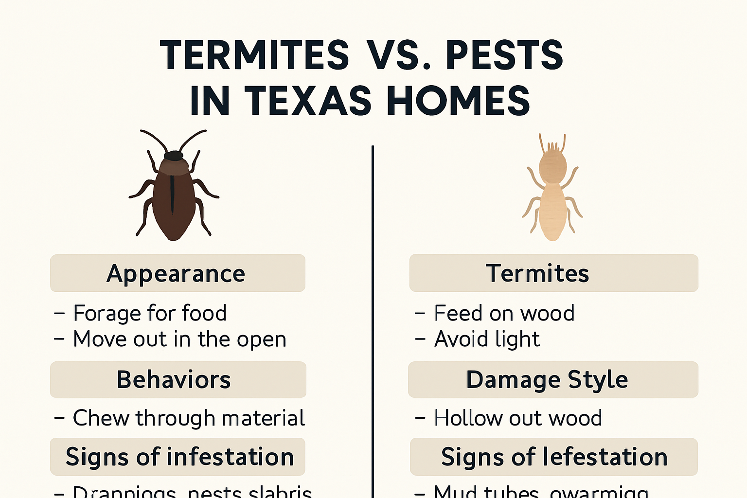 Infographic comparing pests vs termites in Texas homes