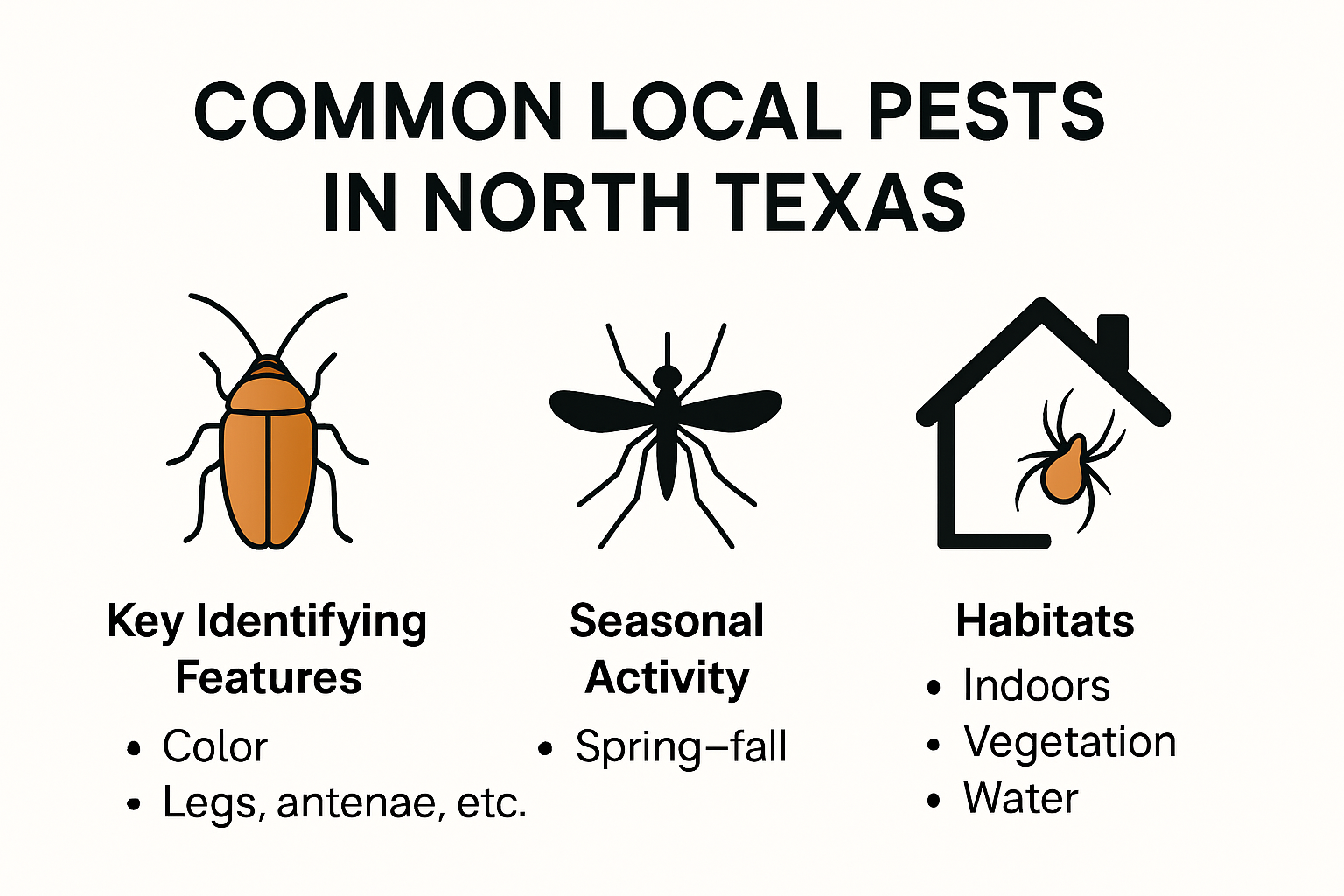 Infographic showing common local pests in North Texas and their features