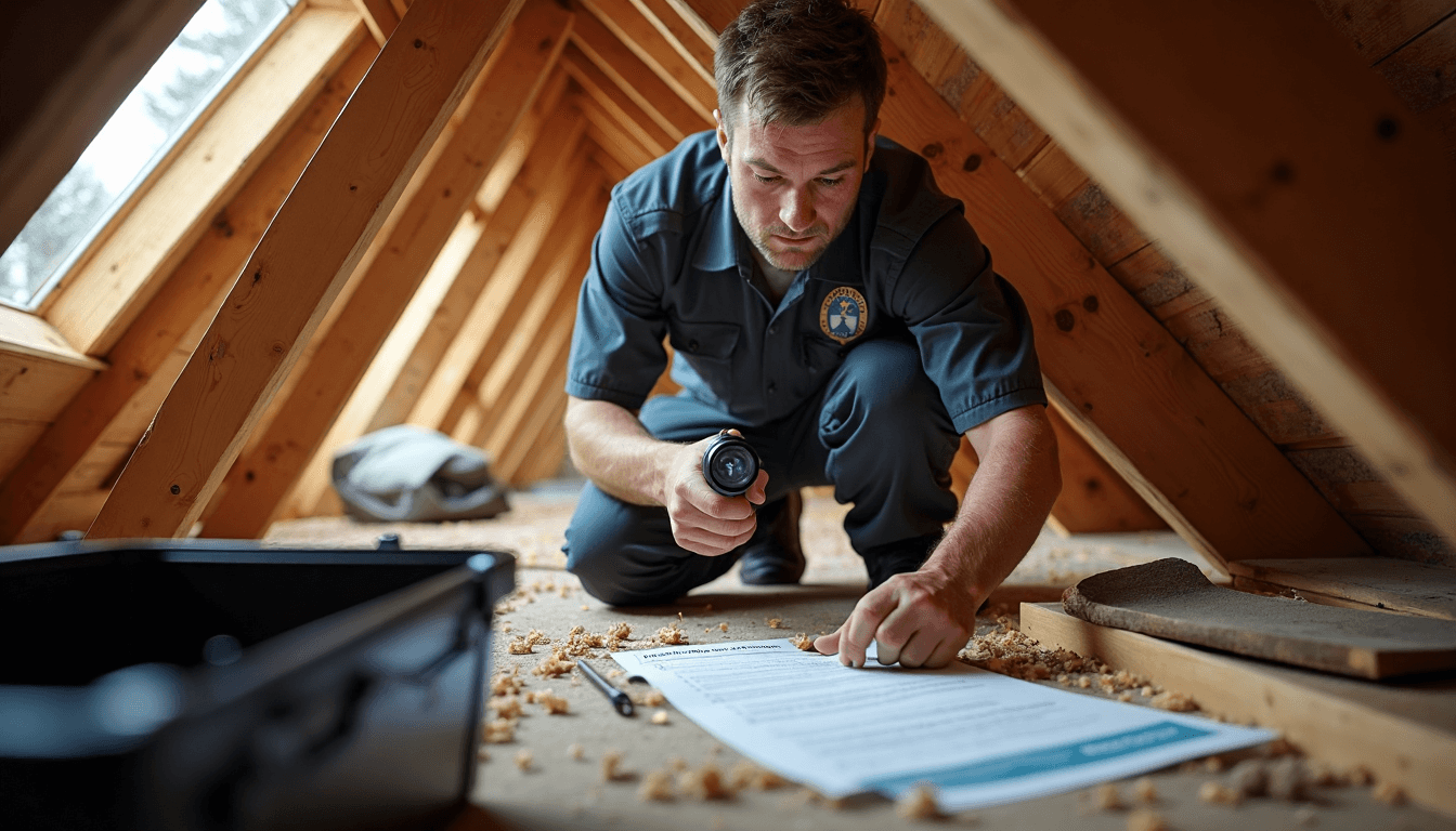 Pest inspector examines attic beams with checklist marked Early Detection