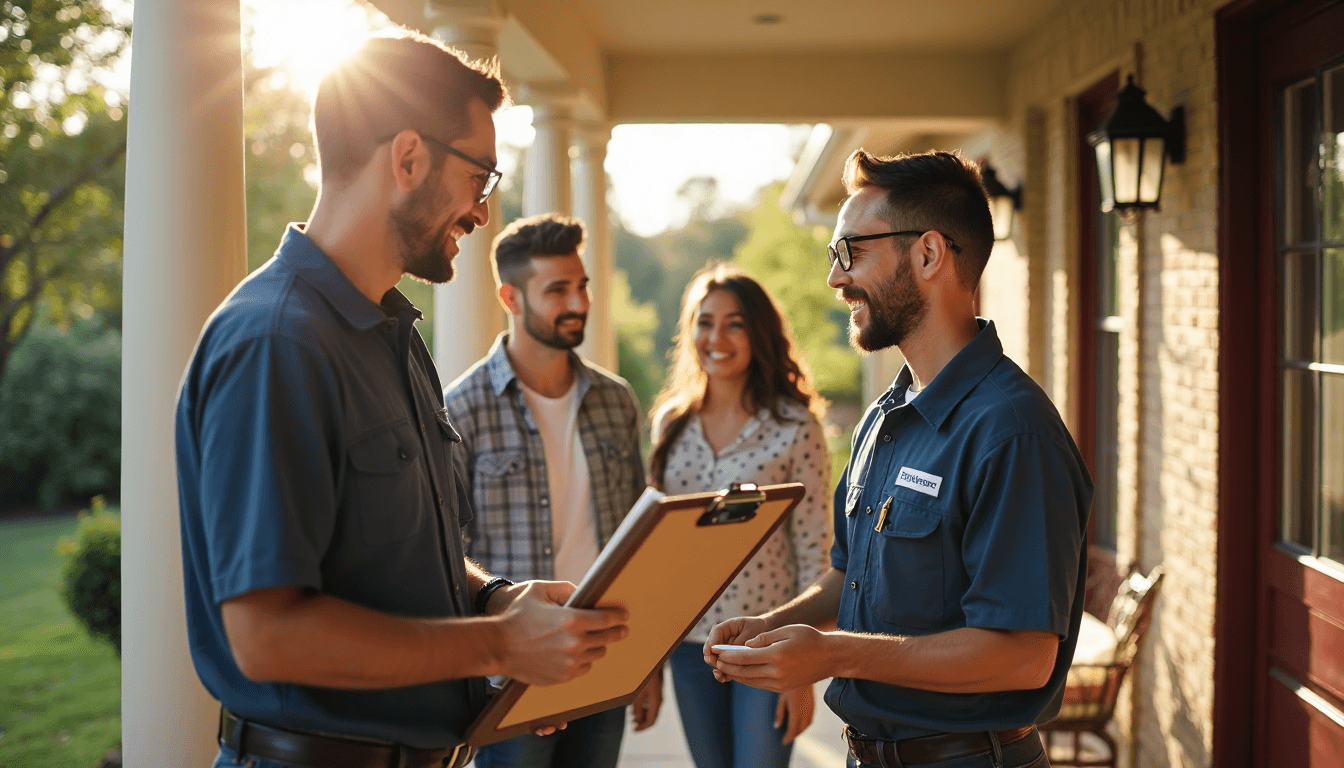 Pest Control vs Extermination: What Texas Homeowners Need to Know 2025 Texas homeowner and pest control technician reviewing plans outside home