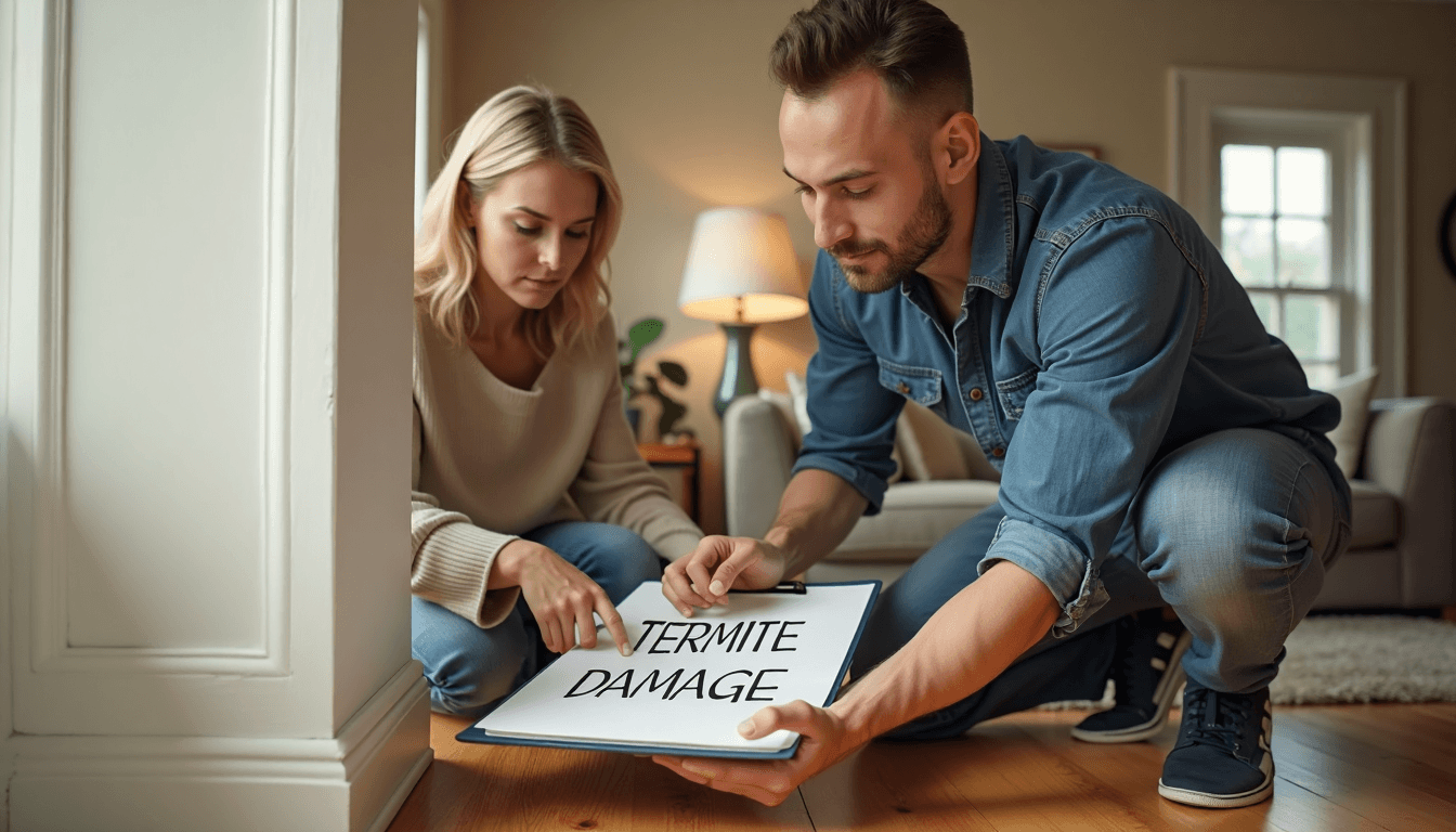 2025 Termite Damage Repair Cost Guide for Texas Homes Inspector and homeowner review termite damage in sunlit living room