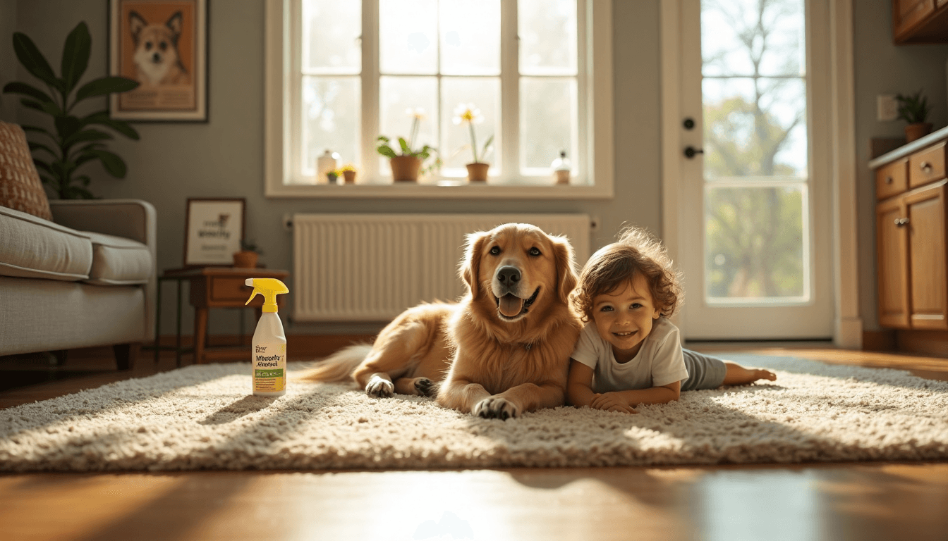 Is Pest Control Safe for Pets? Family room with child and dog, pest safety visual