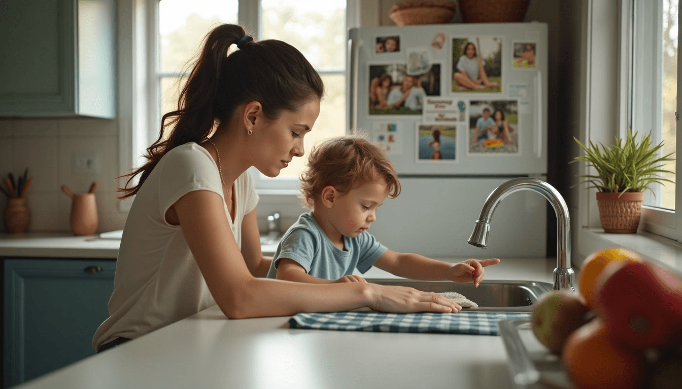 Mother and child in kitchen with pest droppings, 'Health Risks' fridge magnet