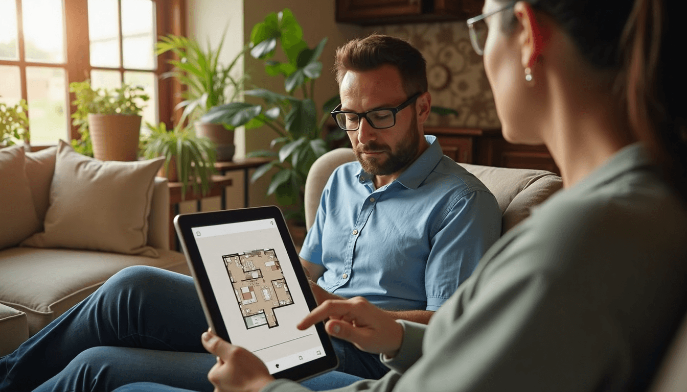 Pest control specialist reviews tablet with homeowner in living room
