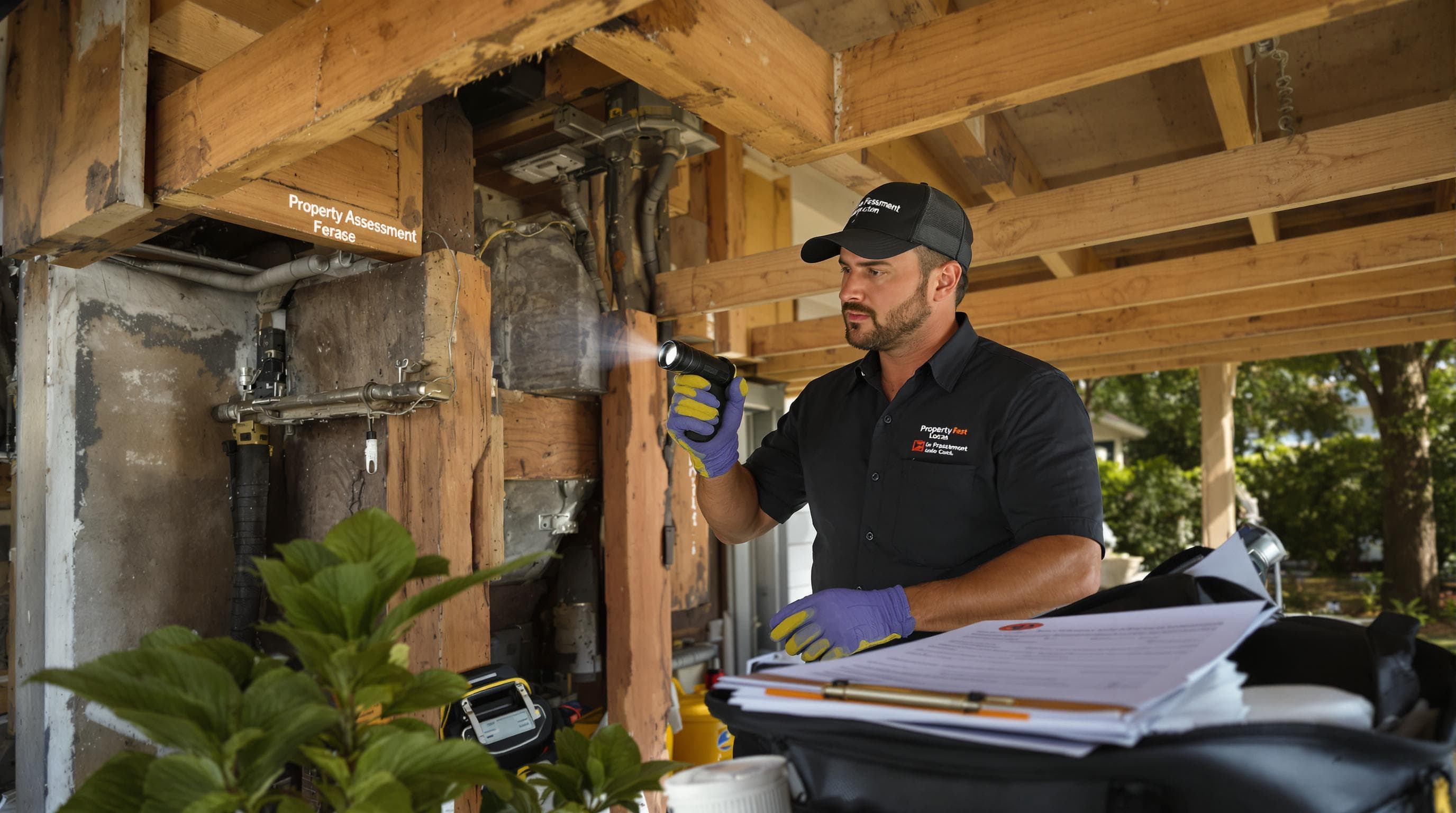 Pest control technician inspecting under Texas home porch, emphasizing thorough assessment