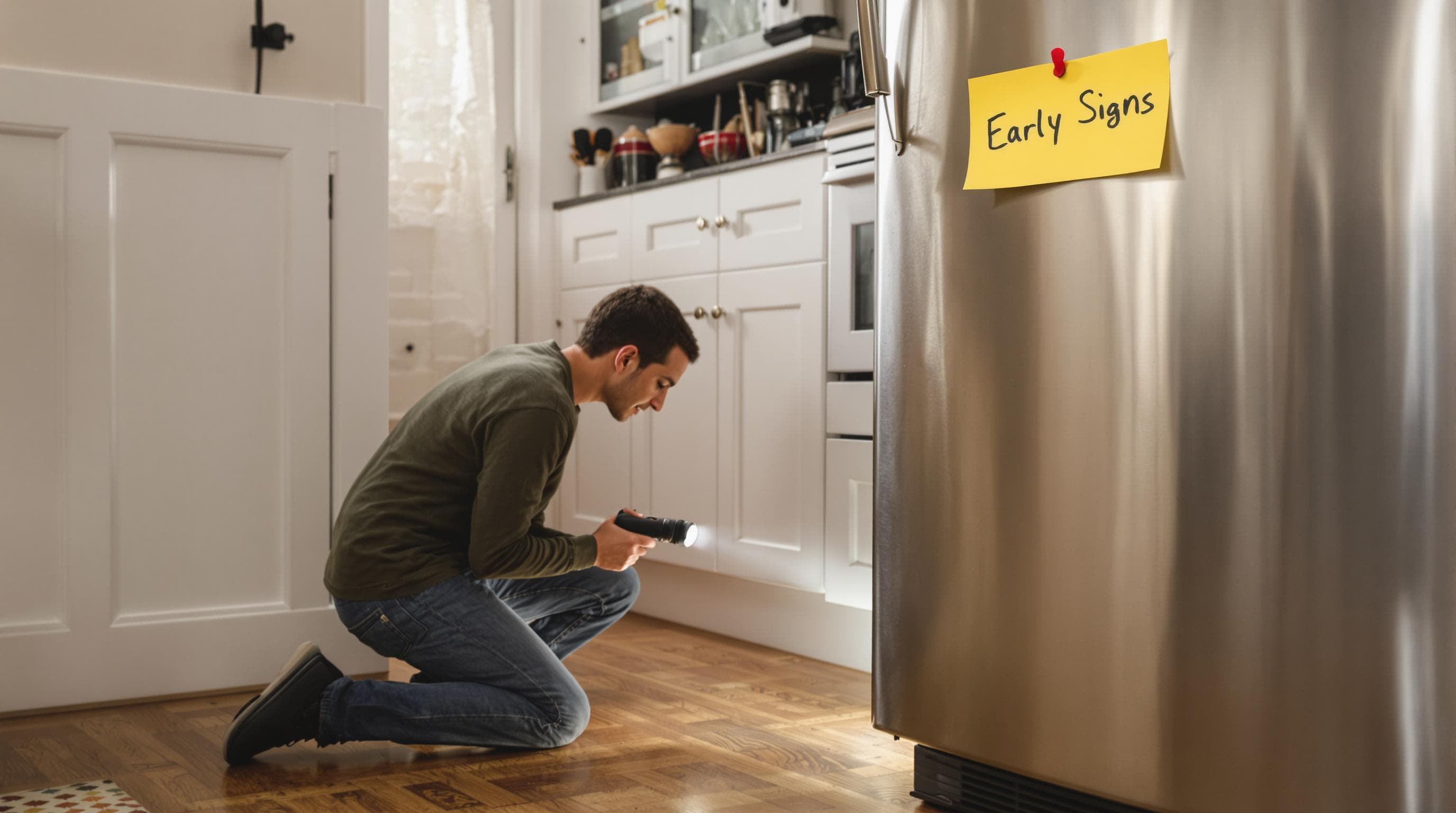 Homeowner inspects under kitchen cabinets for early pest signs
