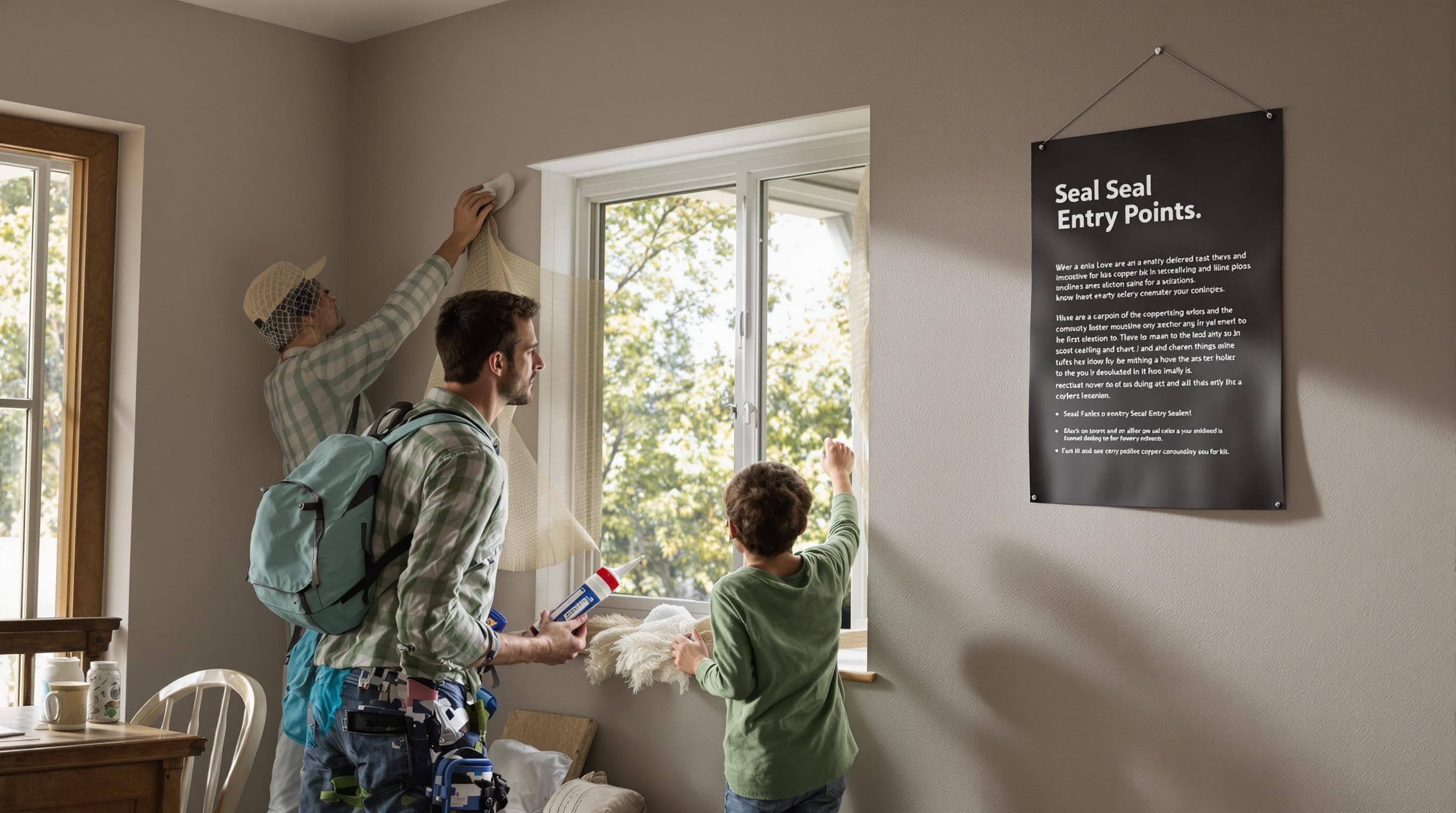 Family sealing window during remodel with pest prevention supplies
