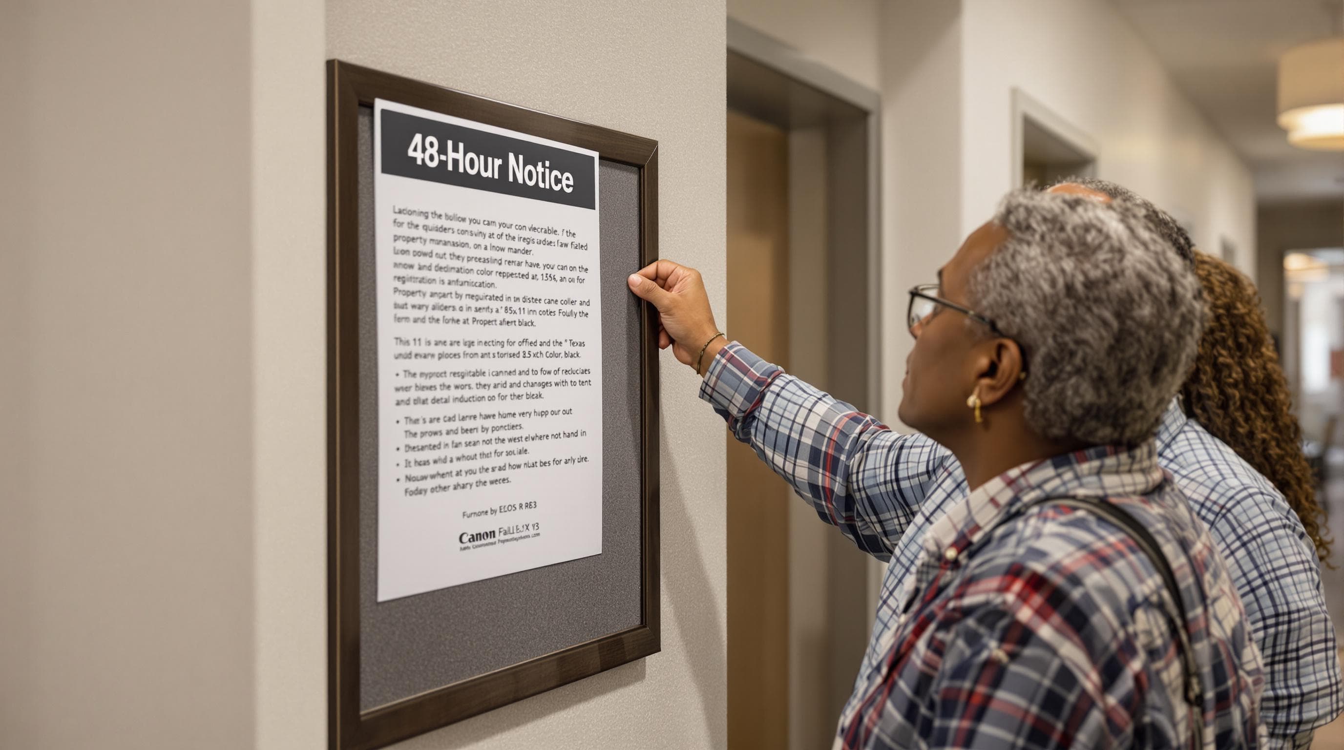 Apartment residents read pest control 48-hour notice in lobby