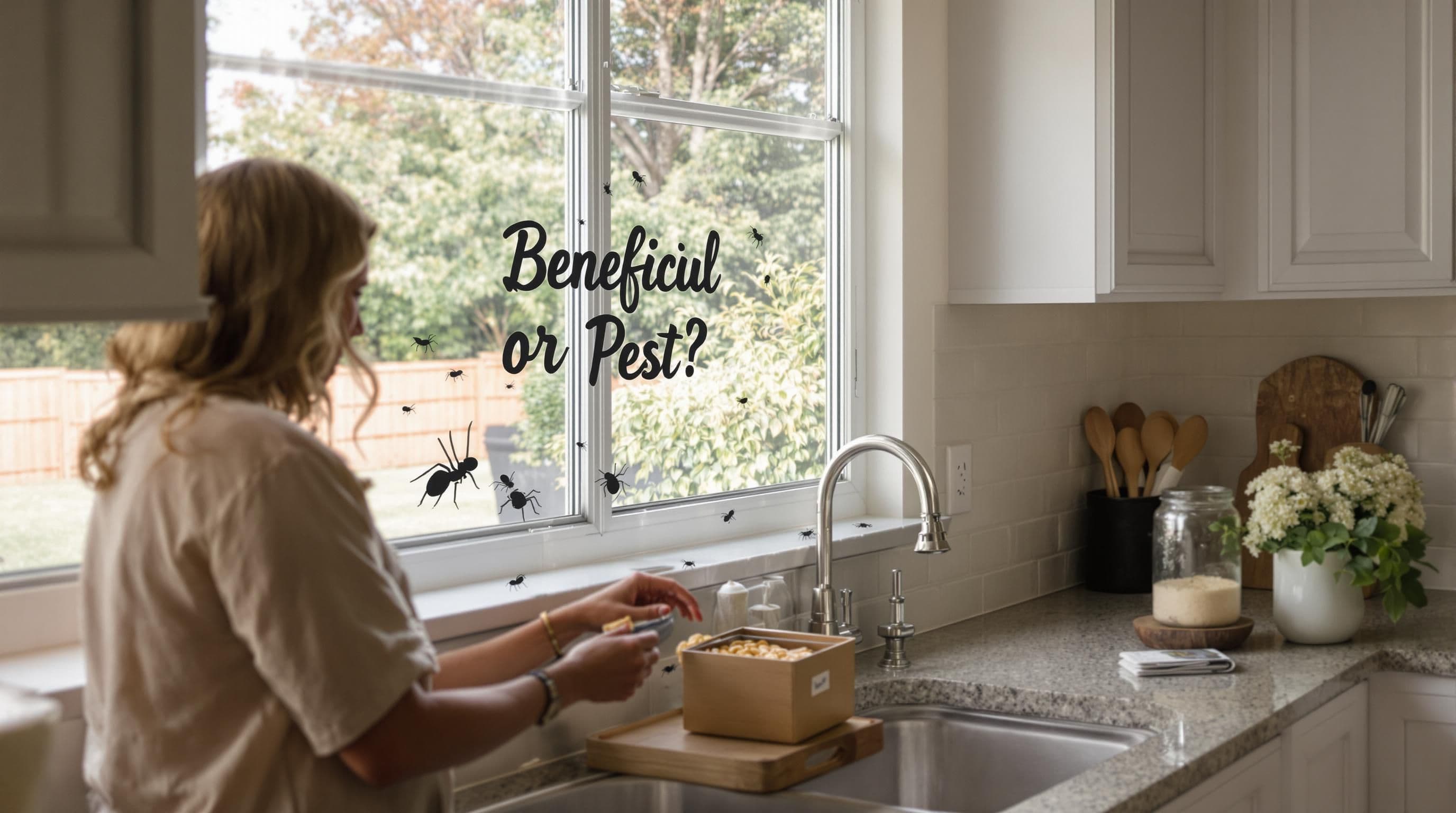 Texas kitchen with homeowner, ants and ladybug present, window decal asks Beneficial or Pest
