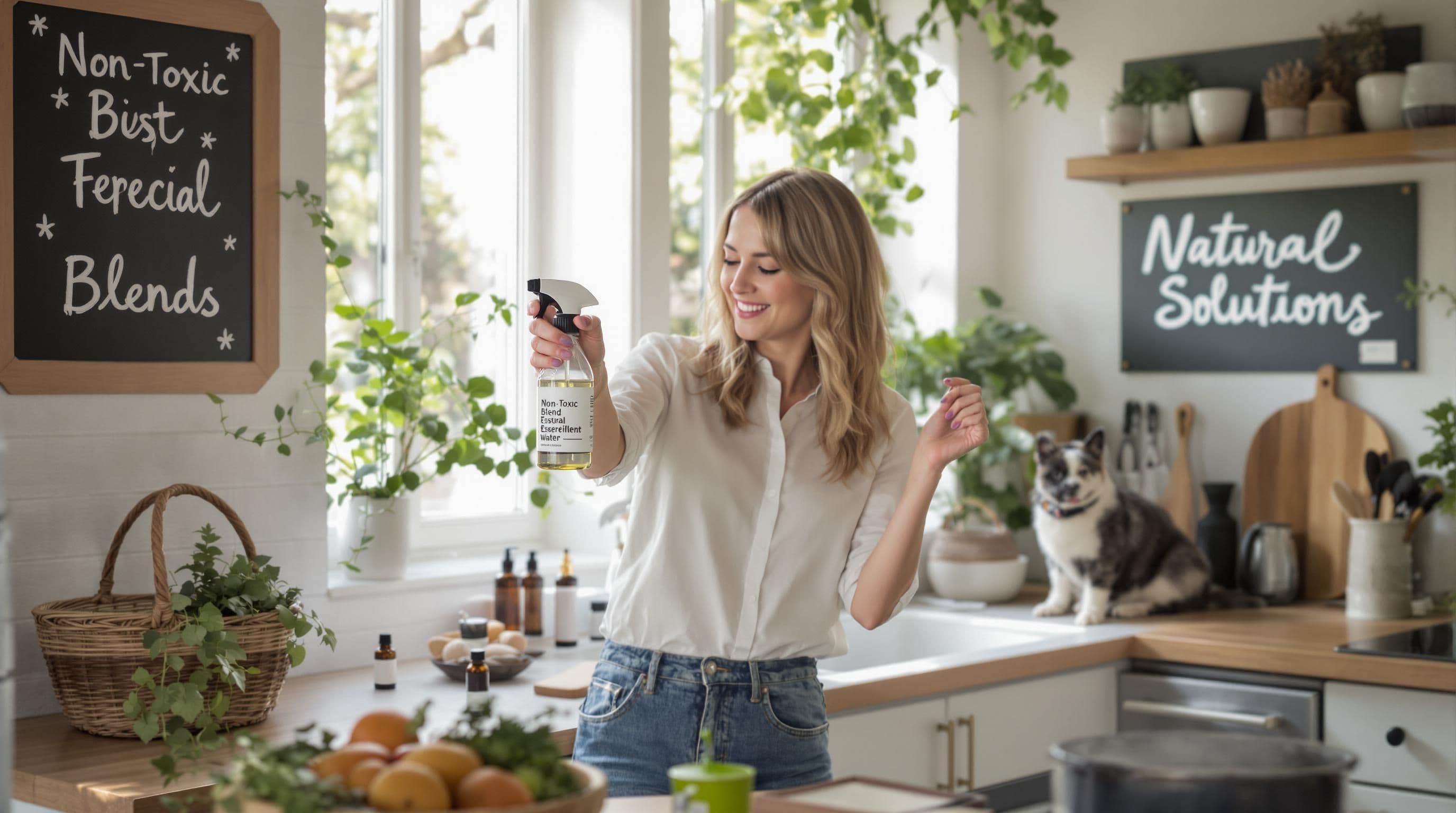 Family making natural pest spray with pets nearby