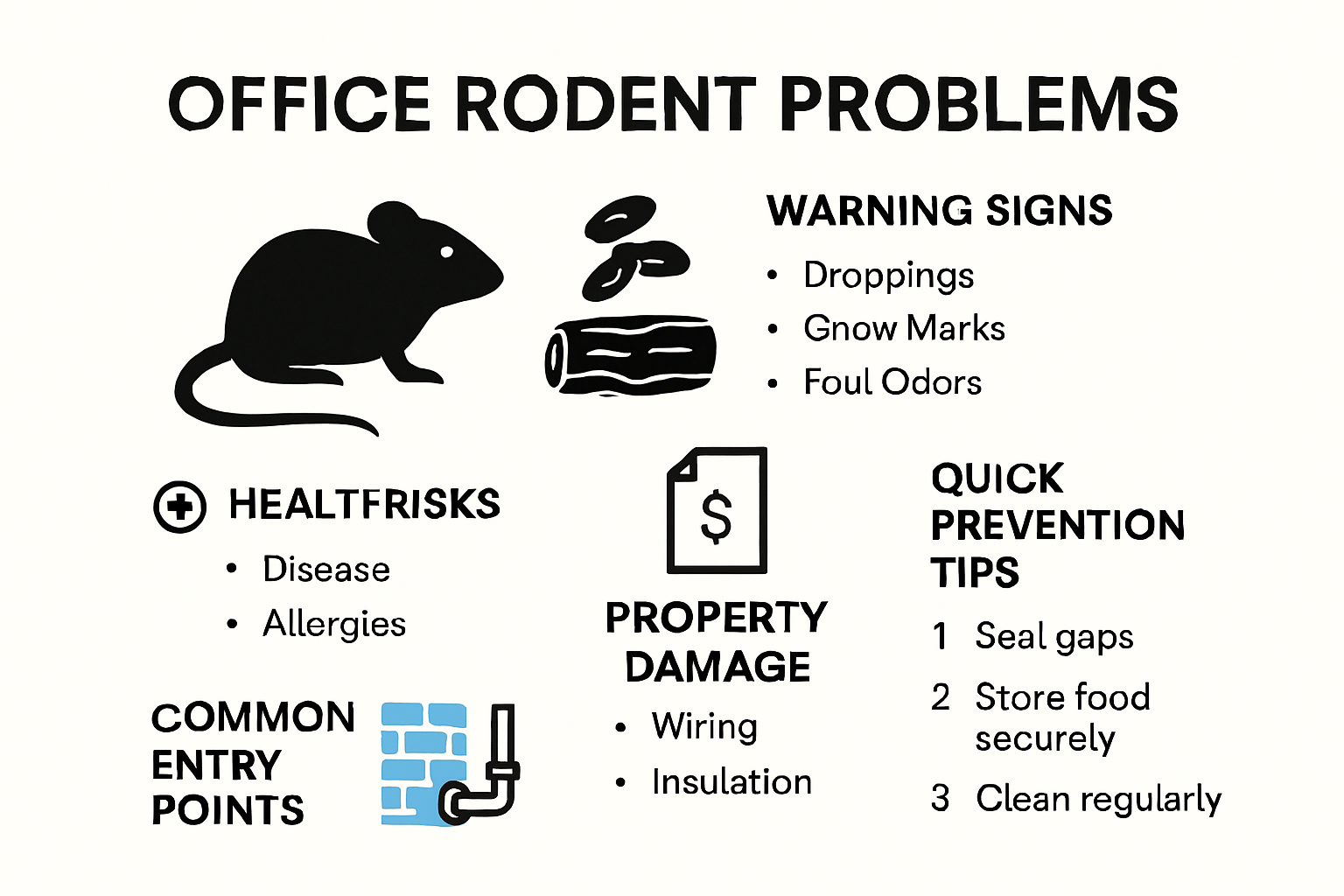 Infographic showing office rodent problems, signs, and prevention tips