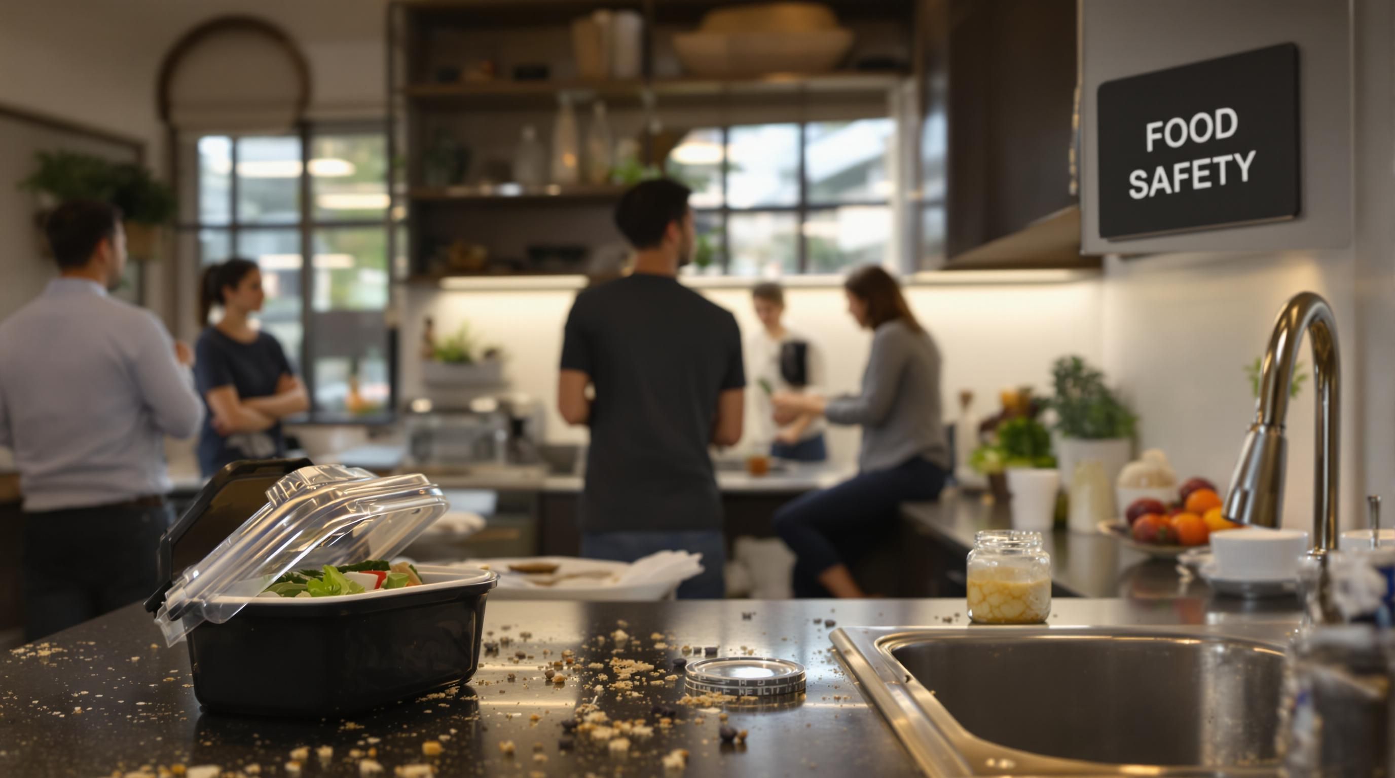 Office kitchen food safety scene with sealed containers and food debris visible