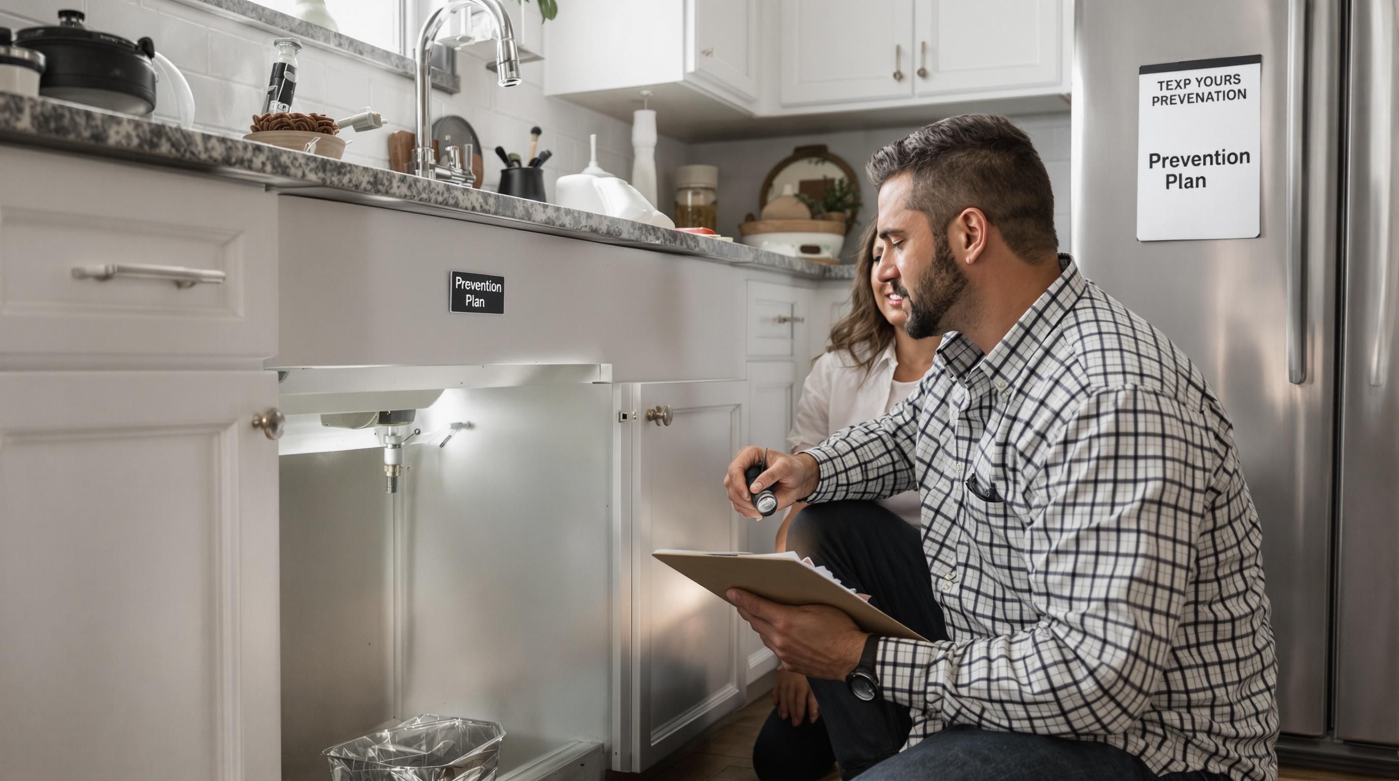 Homeowner and inspector checking kitchen for pest entry points
