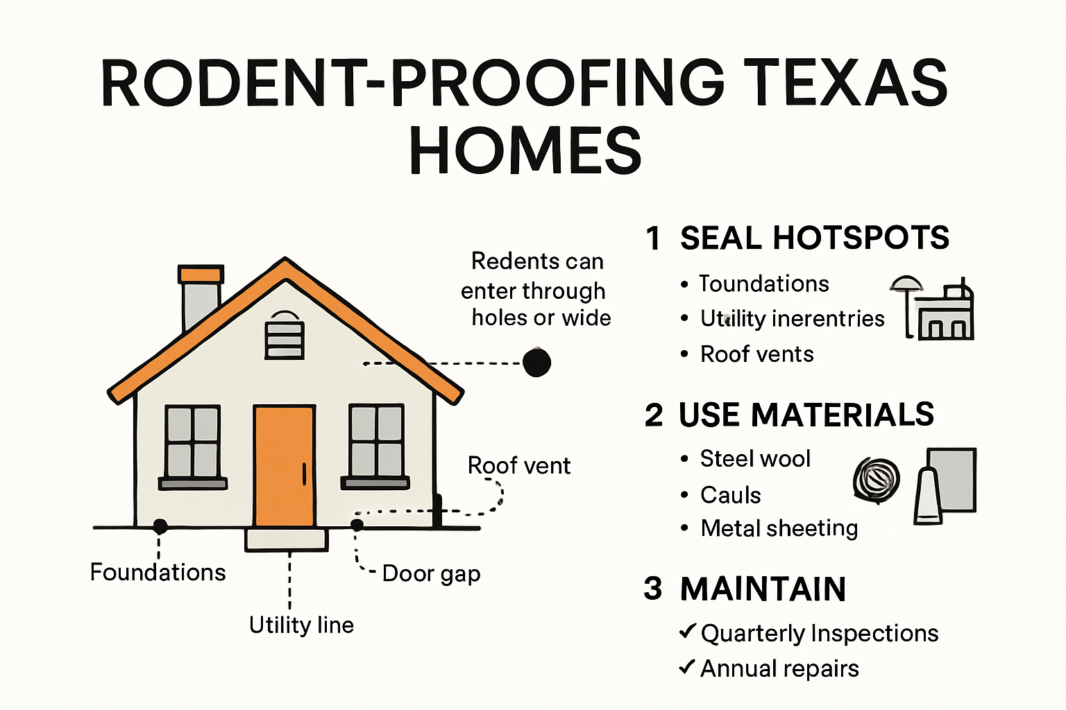Preventing Rodent Entry: Smart Tips for Texas Homeowners Infographic showing rodent-proofing steps and entry points in Texas houses