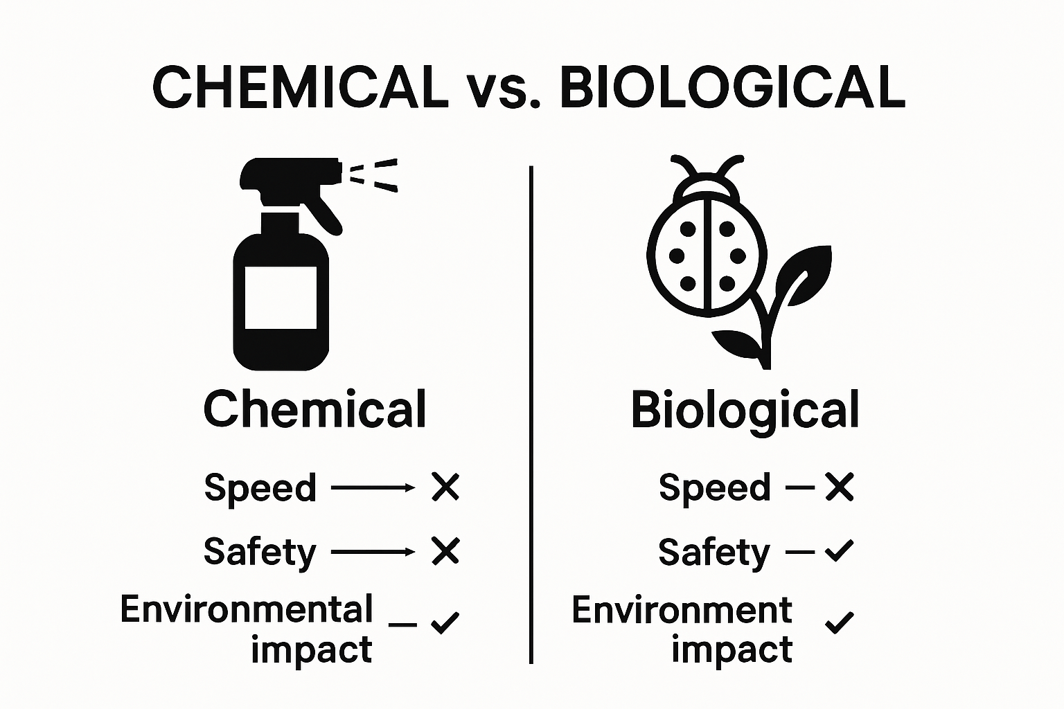Visual comparison of chemical and biological pest control methods with icons.