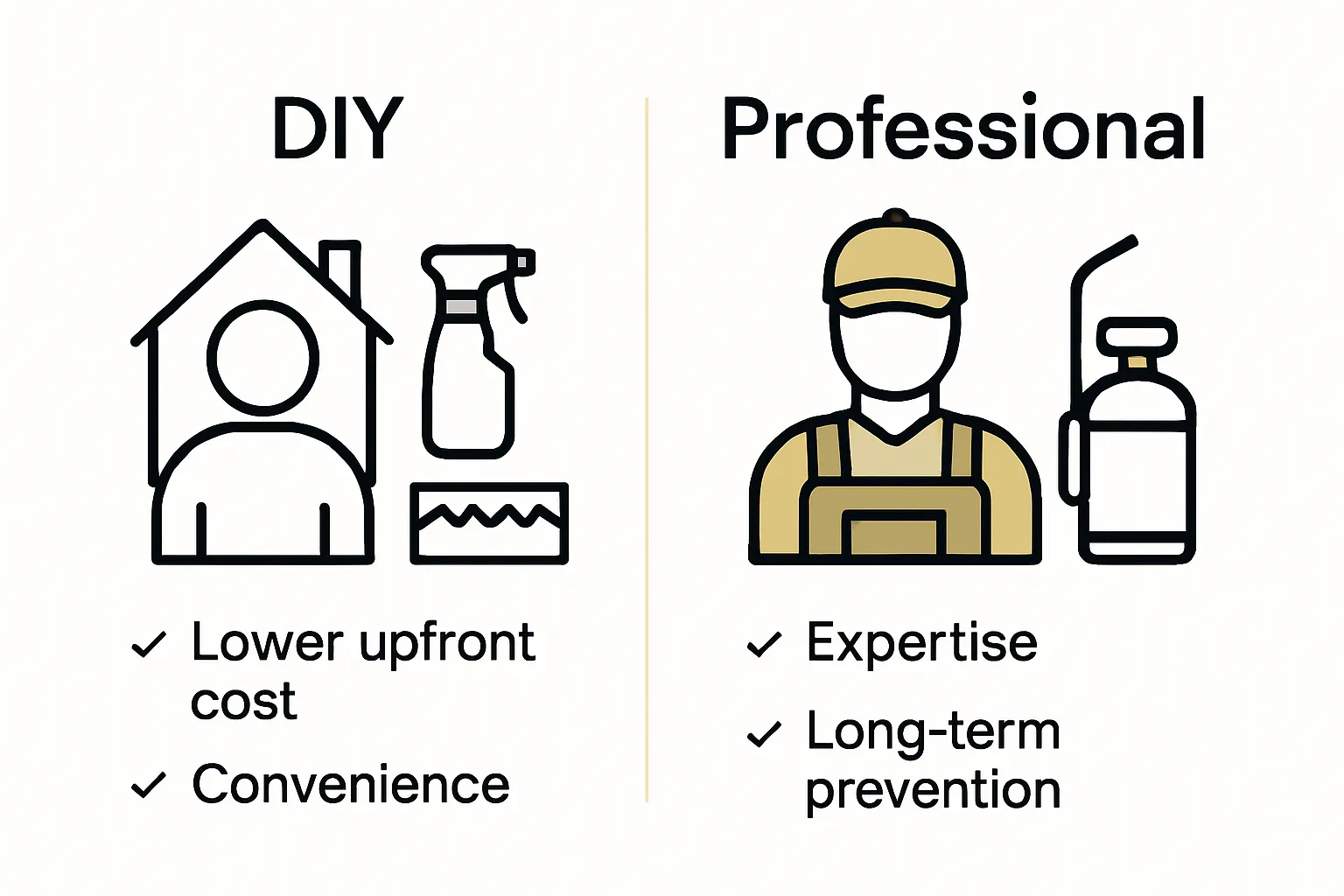 Infographic comparing DIY and professional pest control methods with icons and main benefits