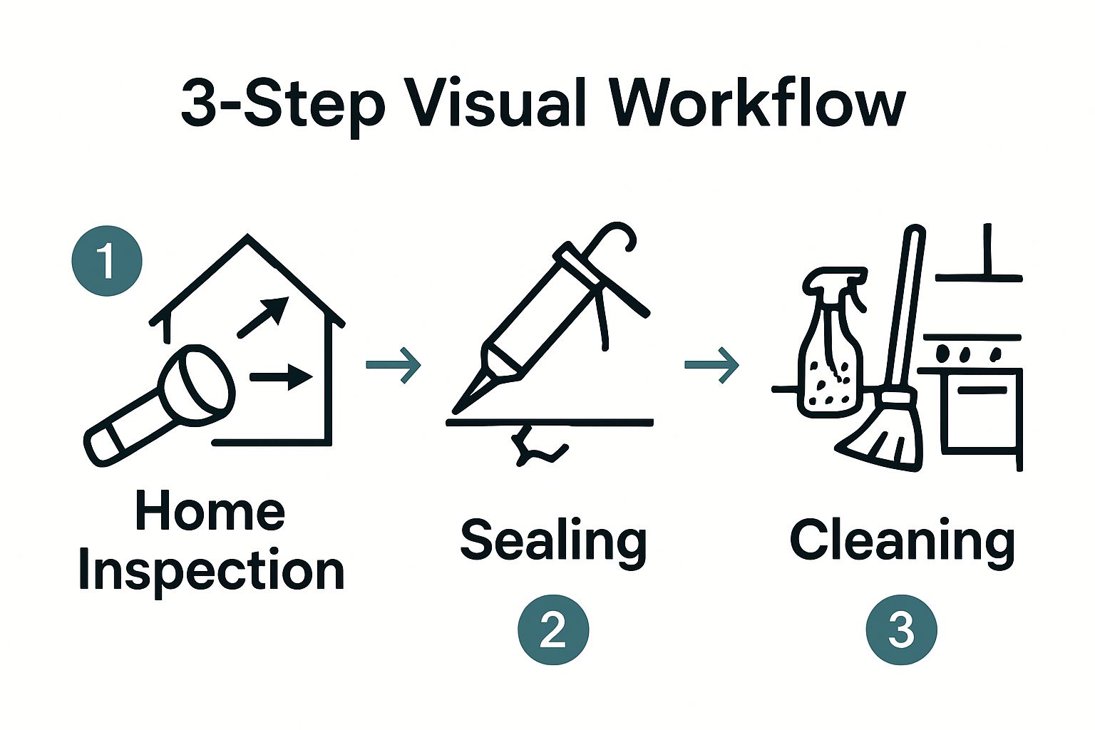 3-step workflow: inspect home, seal cracks, clean kitchen