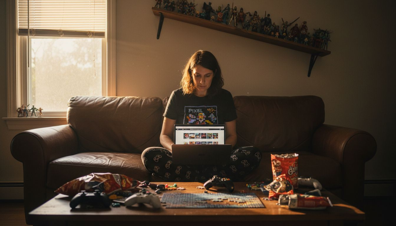 Woman shopping gaming clothing at home