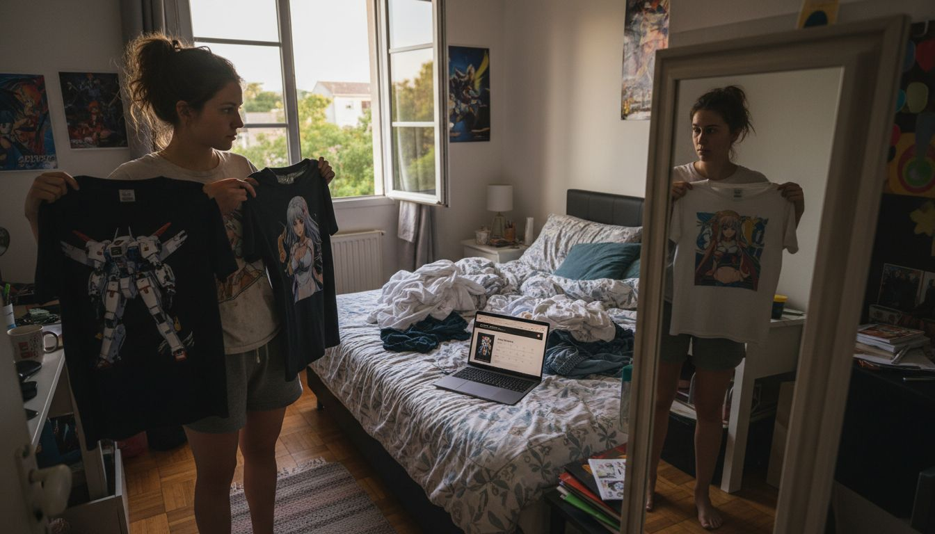 Woman comparing anime shirts in bedroom mirror