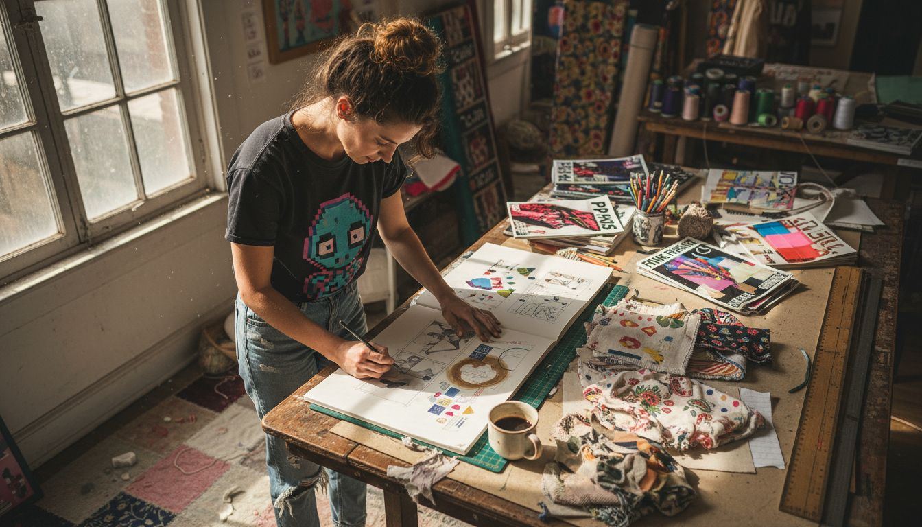 Designer creating pop culture apparel sketch