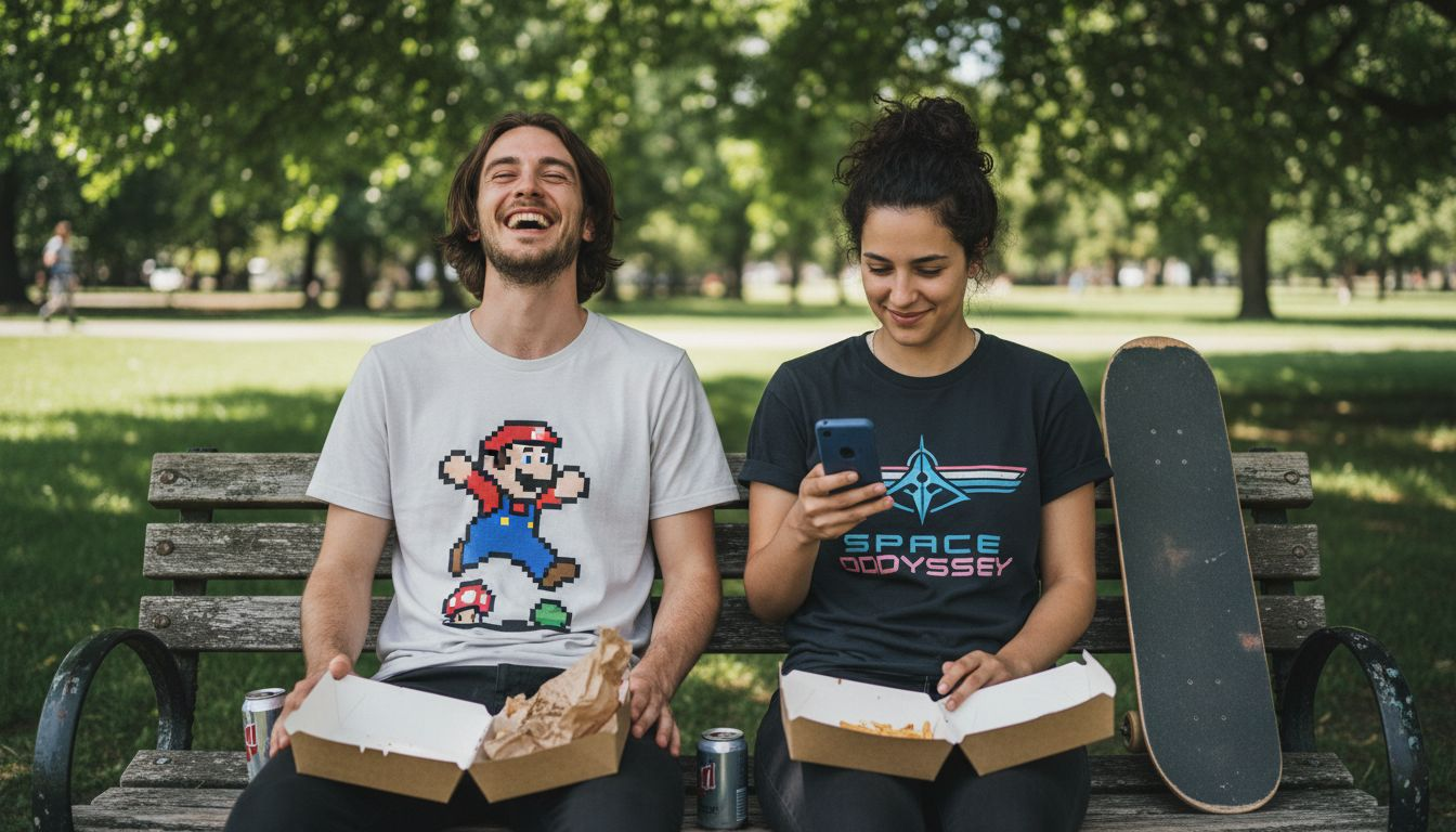 Two friends wearing pop culture graphic tees