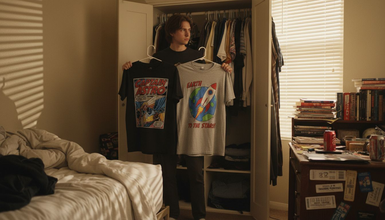 Person selecting graphic tee from messy wardrobe