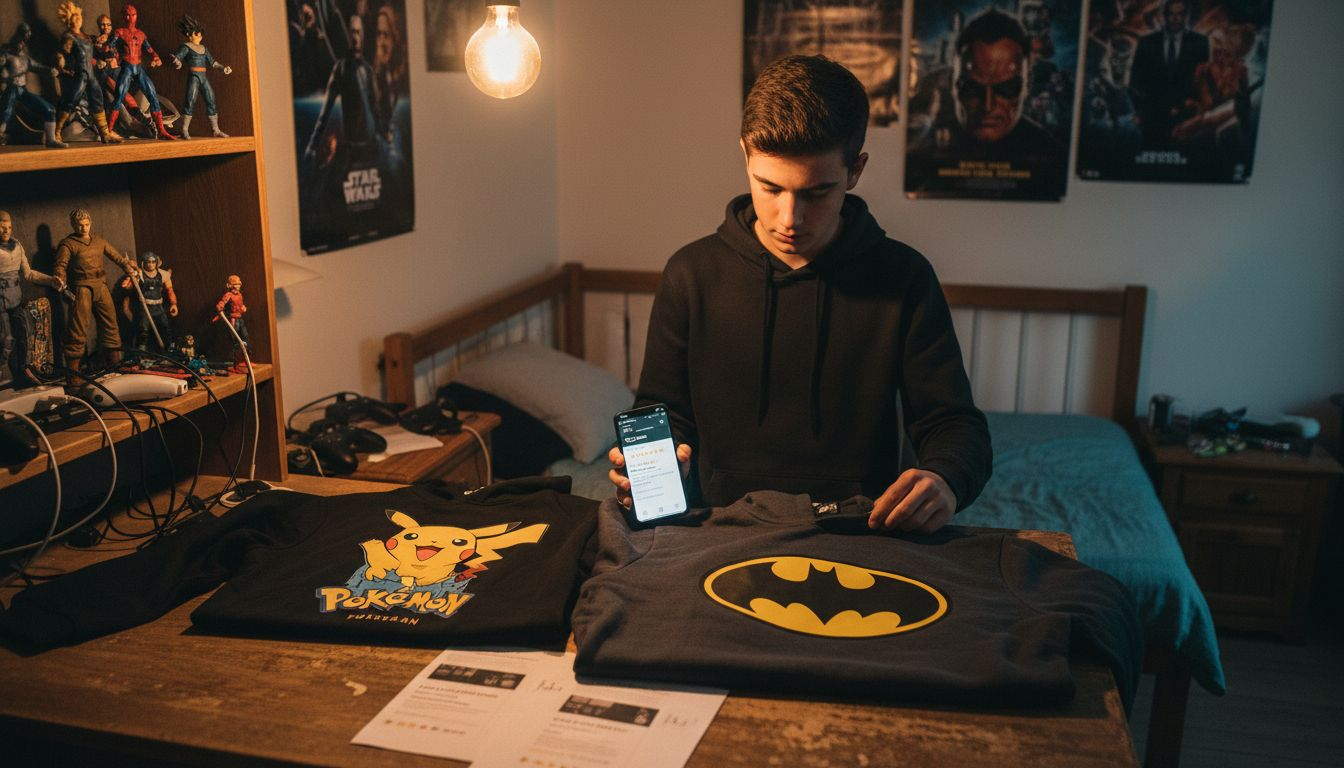 Teen comparing pop culture hoodie choices