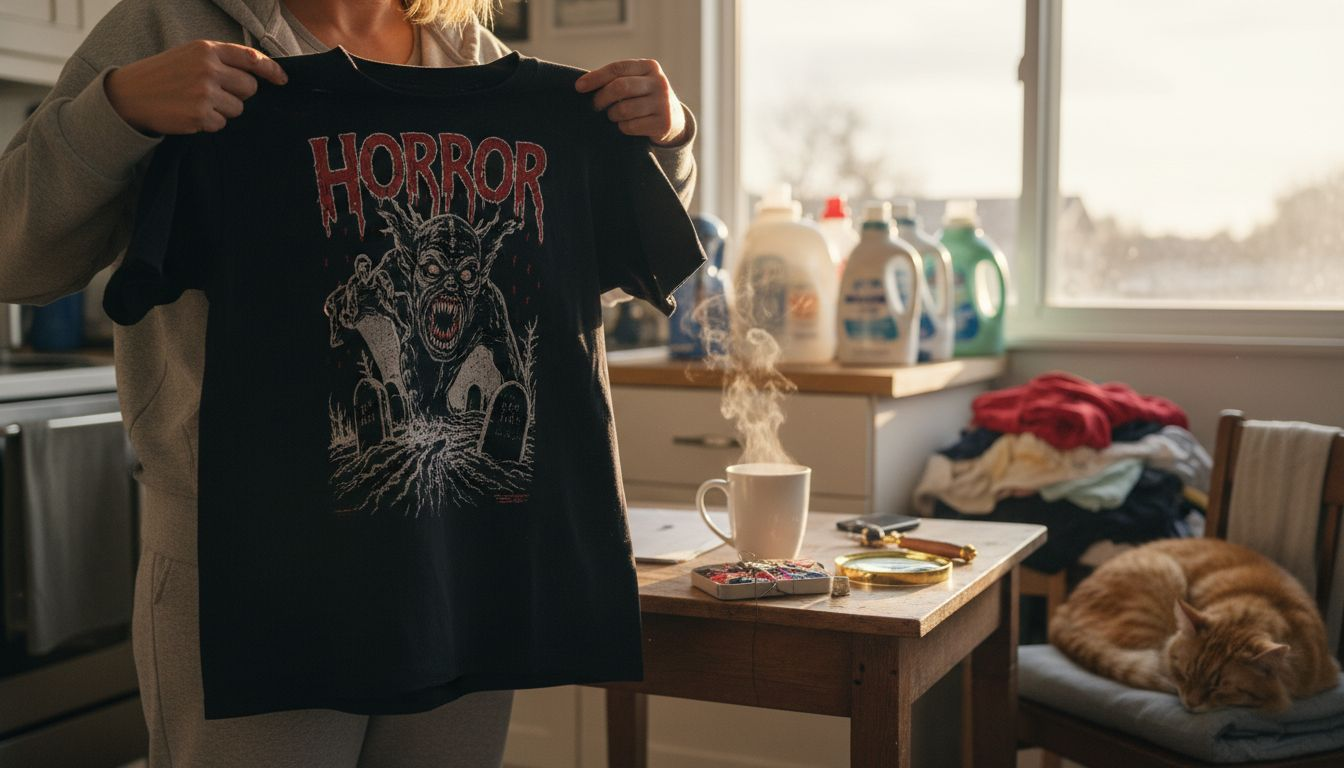 Woman checking horror shirt print quality