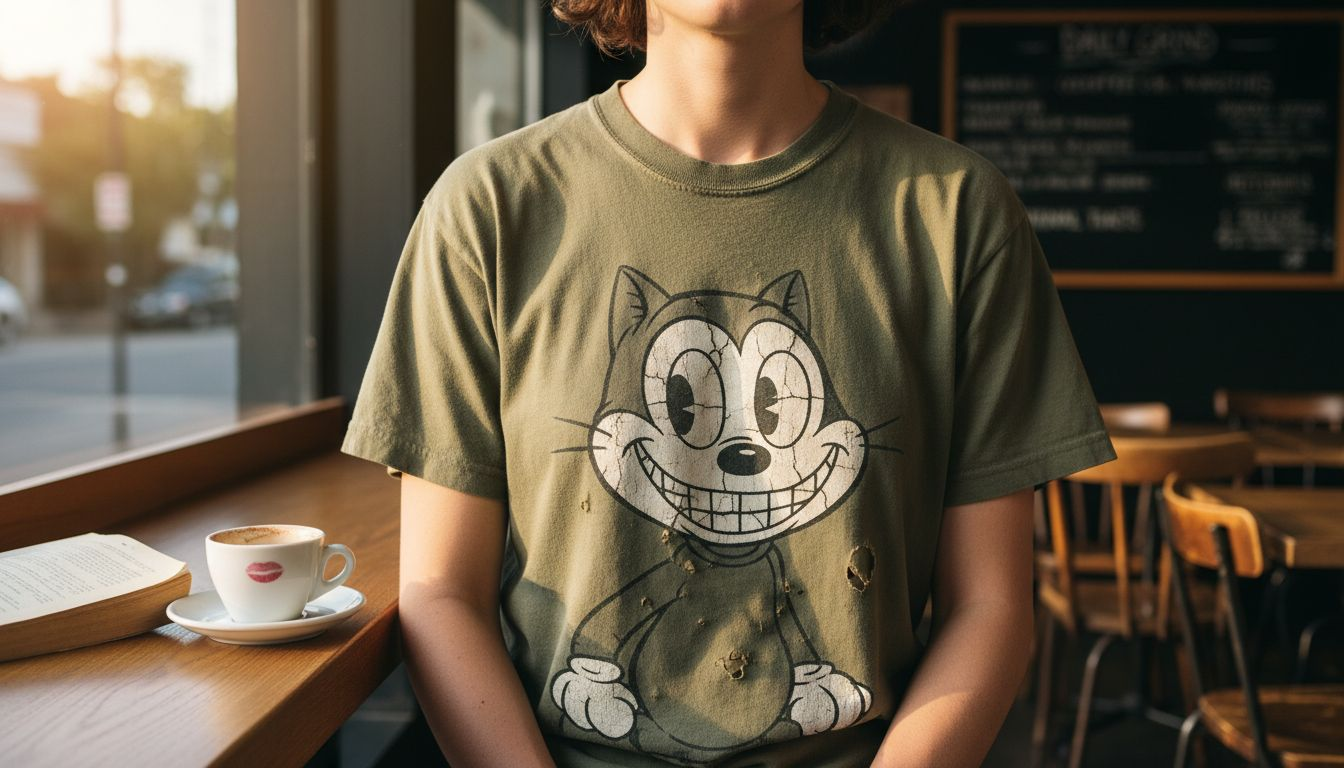 Closeup of graphic tee with cartoon print