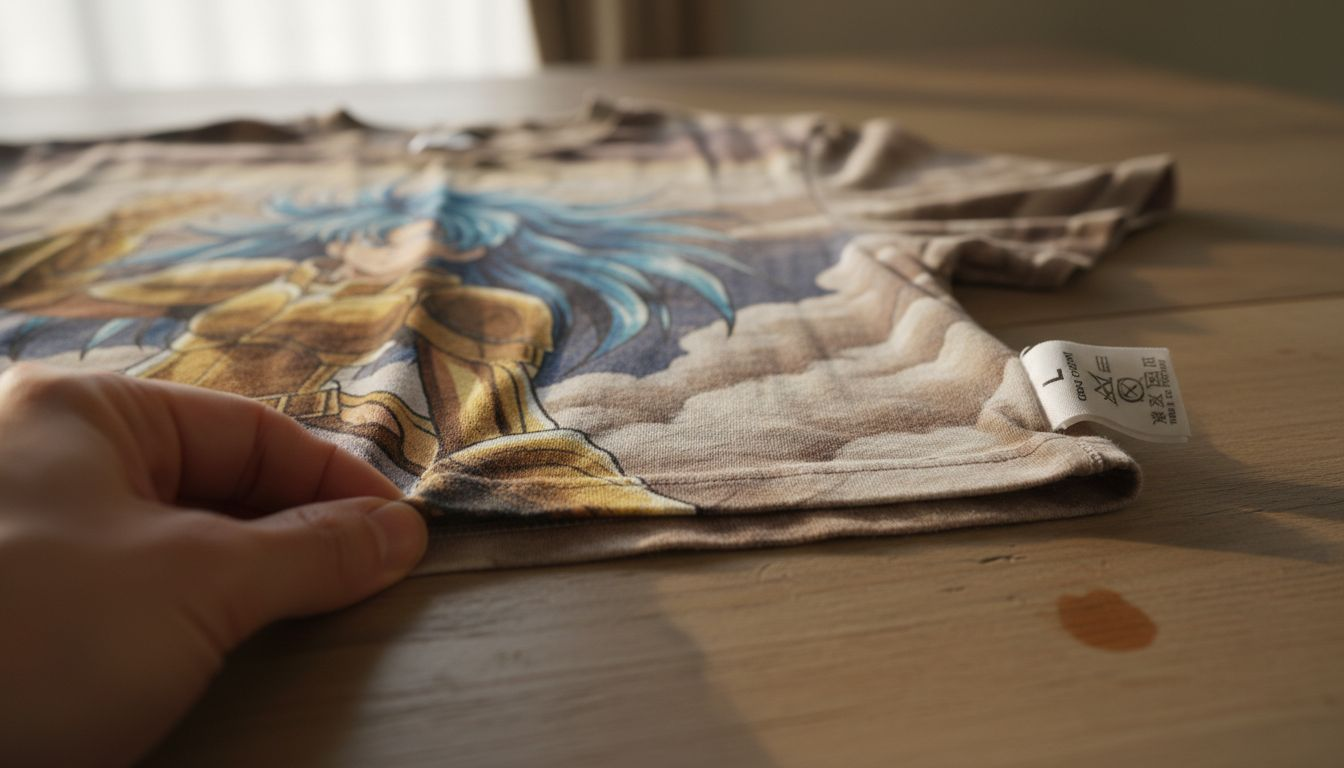 Close-up of anime shirt fabric and stitching
