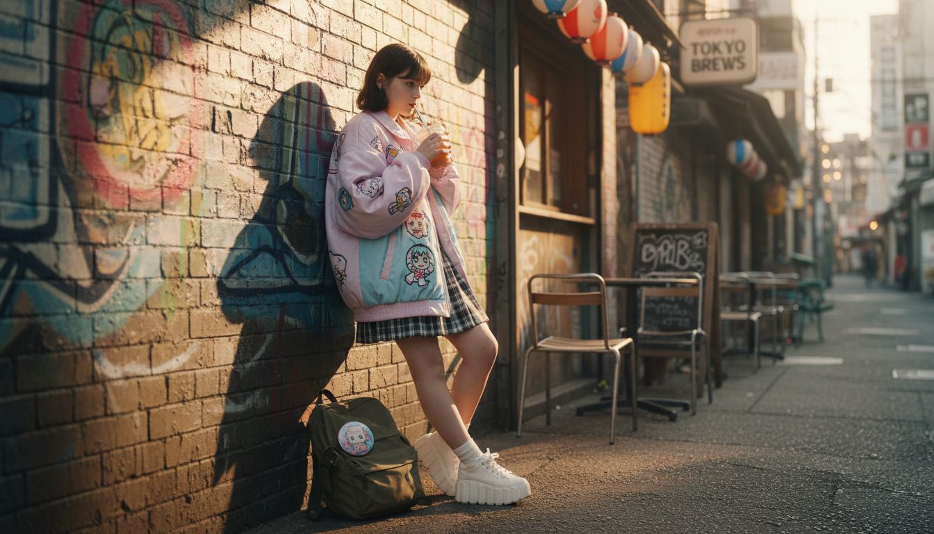 Teen girl in layered anime streetwear outfit