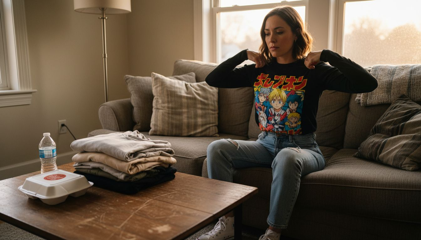 Woman layering anime tee with neutral basics