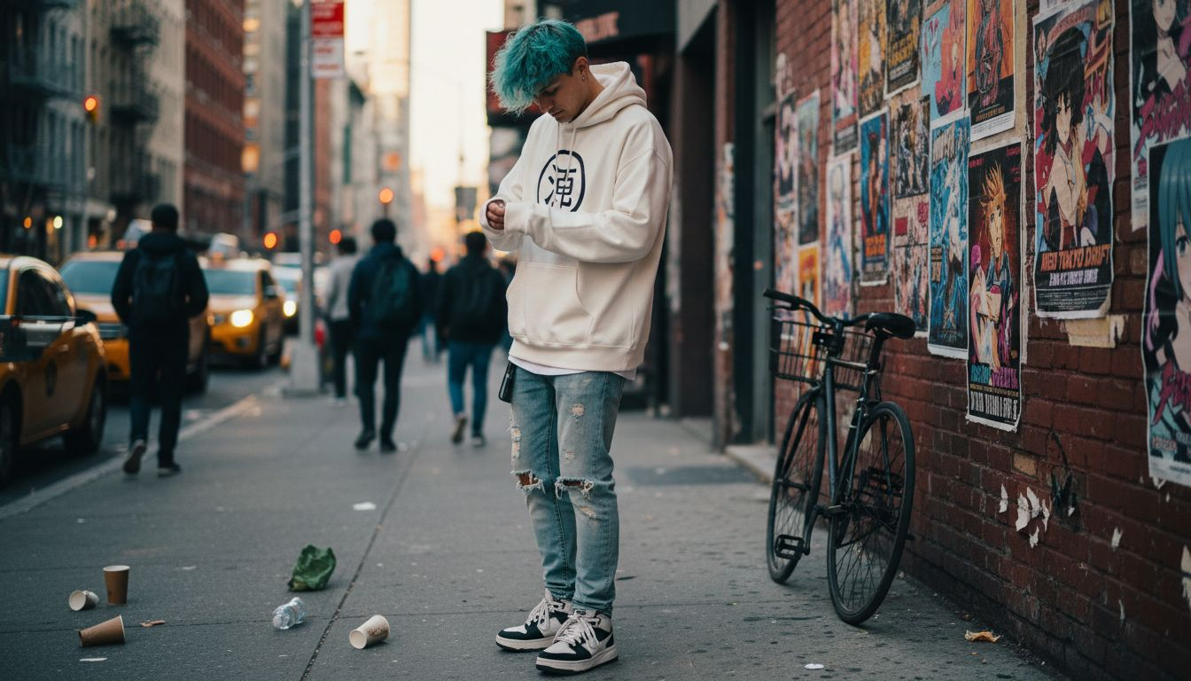 Anime streetwear style in urban setting