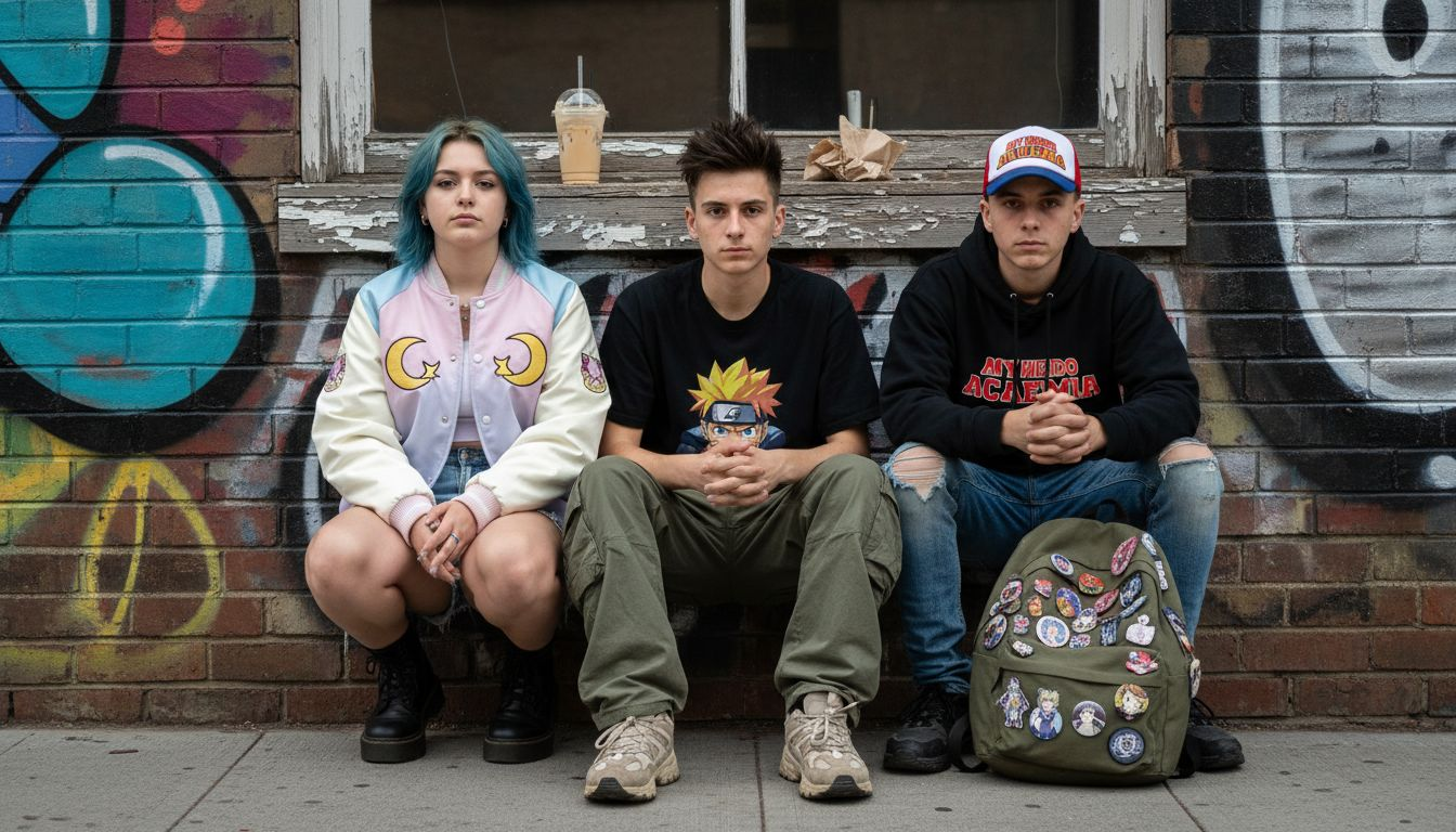 Multicultural teens wearing anime streetwear