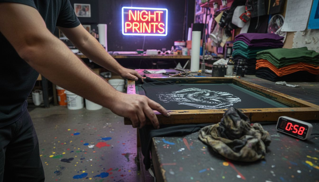 Screen printing horror graphic tee in shop