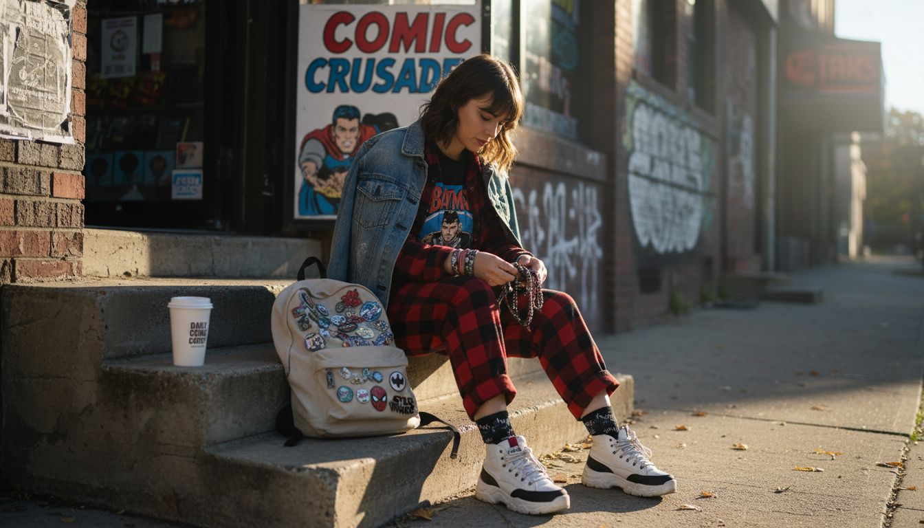 Pop culture streetwear layering on city steps