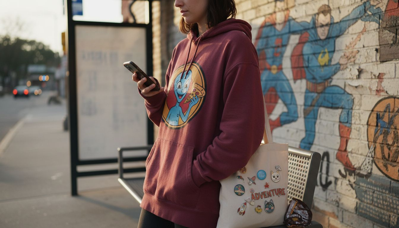 Fan at bus stop in character hoodie