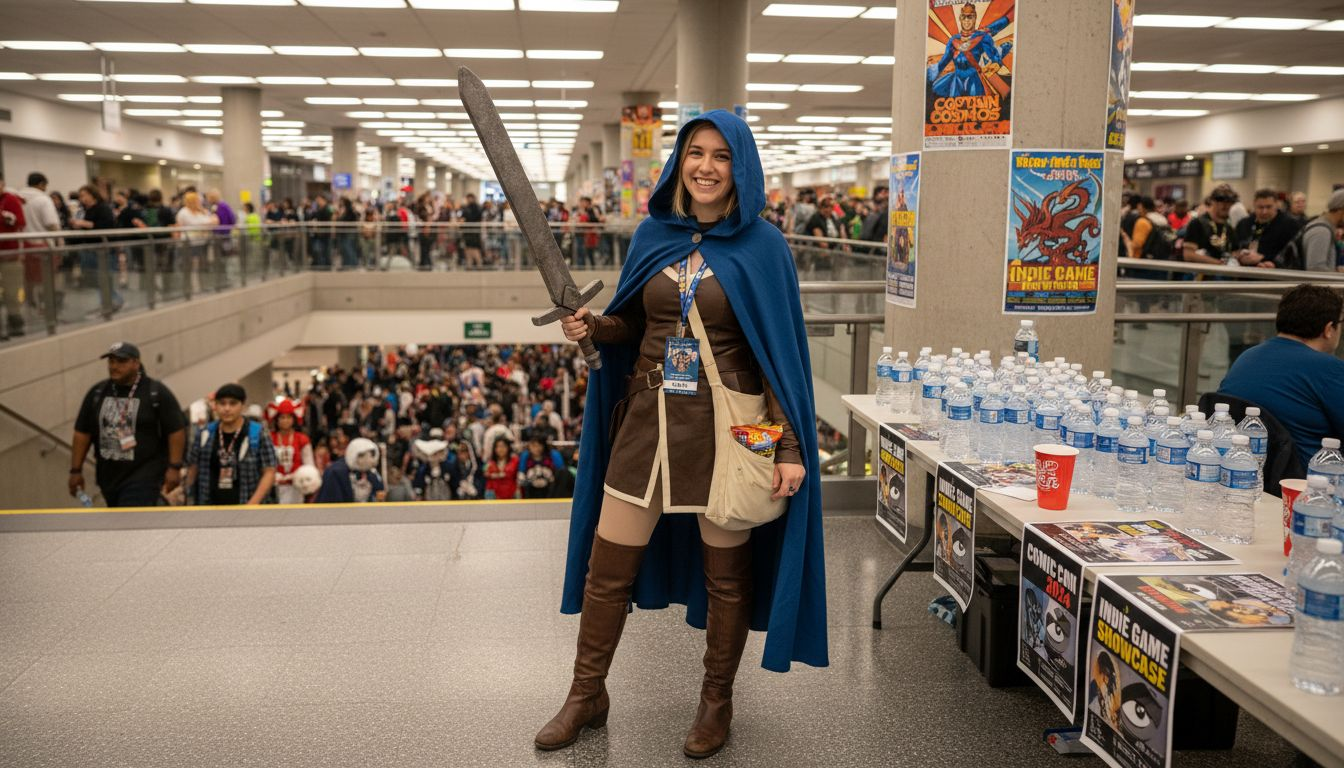 Cosplayer in detailed costume at convention lobby