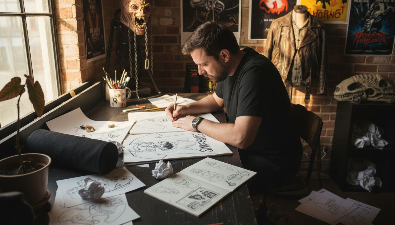 Designer drawing horror graphic tee concepts