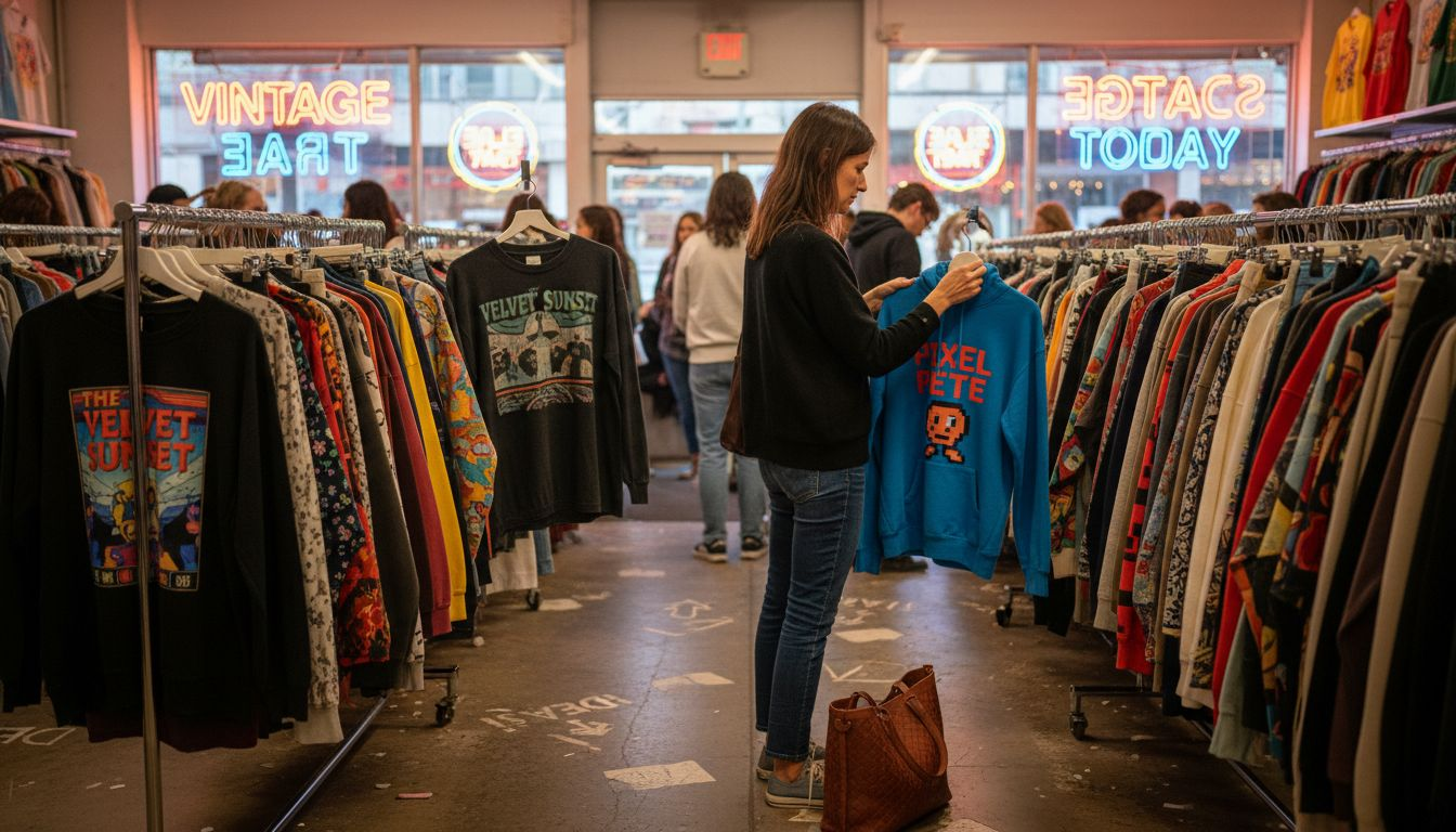 Woman selecting vintage pop culture clothing