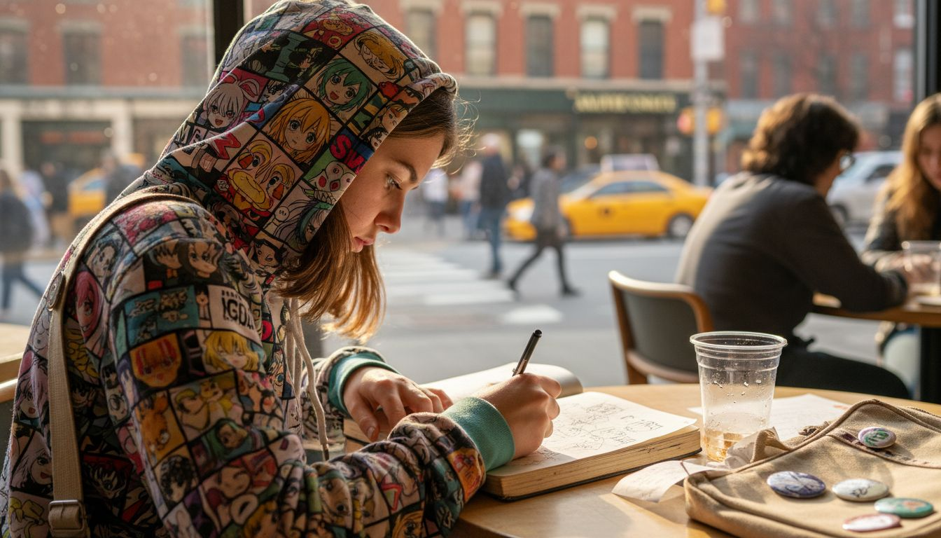 Teen in anime hoodie drawing at café table