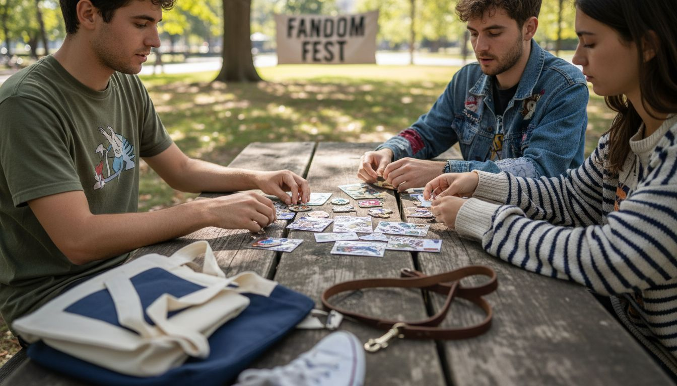 Friends swapping merchandise at fandom event